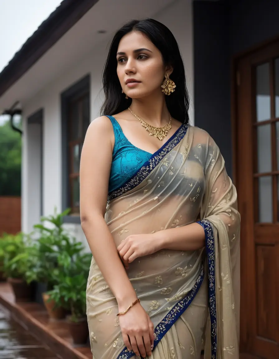 photo of young woman, in soaking wet, drenched clothes,
Stilletto heels, Silk pants, Embroidery,  long Saree skin tight , Outdoor house ,grope another female , 
enjoying, wet clothes stuck to body,
detailed textures of the wet clothes, wet face, wet plastered hair,
wet, drenched, professional, high-quality details, full body view.
sharp focus, ultra-high pixel detail, realistic, high-quality, full colors, incredibly detailed, 4k, 8k, 16k, hyper-realistic, RAW photo, masterpiece, ultra-detailed, professionally color graded, professional photograph, Straight open  wavy hairstyle , , pear shaped body,  wrist watch, thin necklace t ,  , no make up, 4.6feet tall model , 36b bra size, 