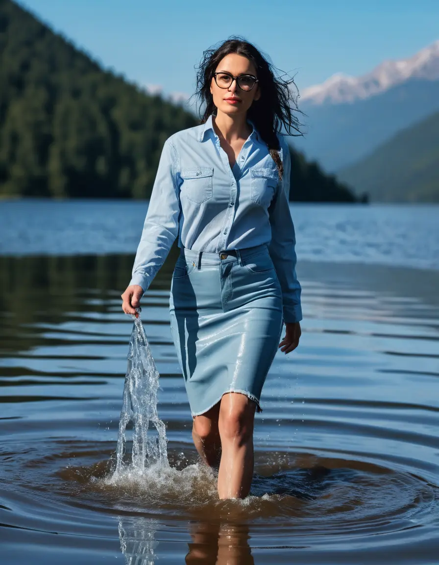 photo of young woman, in soaking wet, drenched clothes,
Sport shoes , long light blue leather jeans skirt, Light blue jeans shirt with long sleeves , walking in Sunny Deep lake, 
enjoying, wet clothes stuck to body,
detailed textures of the wet clothes, wet face, wet plastered hair,
wet, drenched, professional, high-quality details, full body view.
sharp focus, ultra-high pixel detail, realistic, high-quality, full colors, incredibly detailed, 4k, 8k, 16k, hyper-realistic, RAW photo, masterpiece, ultra-detailed, professionally color graded, professional photograph, woman 51 years old, medium black hair, very big and thick lips, office light glasses, complete body