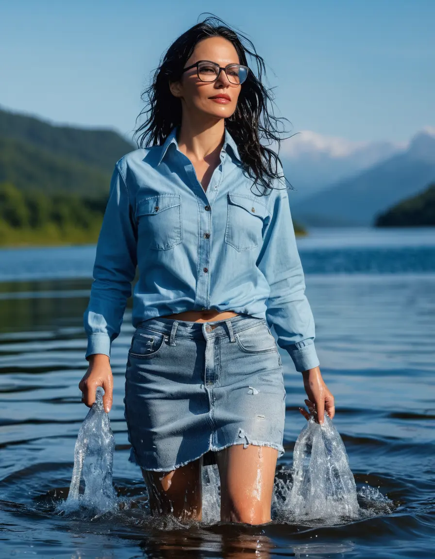 photo of young woman, in soaking wet, drenched clothes,
Sport shoes , long light blue jeans skirt, Light blue jeans shirt with long sleeves , walking in Sunny Deep lake, 
enjoying, wet clothes stuck to body,
detailed textures of the wet clothes, wet face, wet plastered hair,
wet, drenched, professional, high-quality details, full body view.
sharp focus, ultra-high pixel detail, realistic, high-quality, full colors, incredibly detailed, 4k, 8k, 16k, hyper-realistic, RAW photo, masterpiece, ultra-detailed, professionally color graded, professional photograph, woman 51 years old, medium black hair, very big and thick lips, office light glasses, complete body