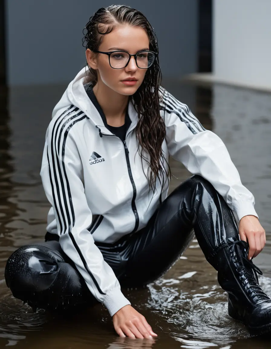 photo of young woman, in soaking wet, drenched clothes,
black leather boots, black leather adidas pants, white top with a black tracksuit top, , 
enjoying, wet clothes stuck to body,
detailed textures of the wet clothes, wet face, wet plastered hair,
wet, drenched, professional, high-quality details, full body view.
sharp focus, ultra-high pixel detail, realistic, high-quality, full colors, incredibly detailed, 4k, 8k, 16k, hyper-realistic, RAW photo, masterpiece, ultra-detailed, professionally color graded, professional photograph, long wet hair, thick lips, office glasses