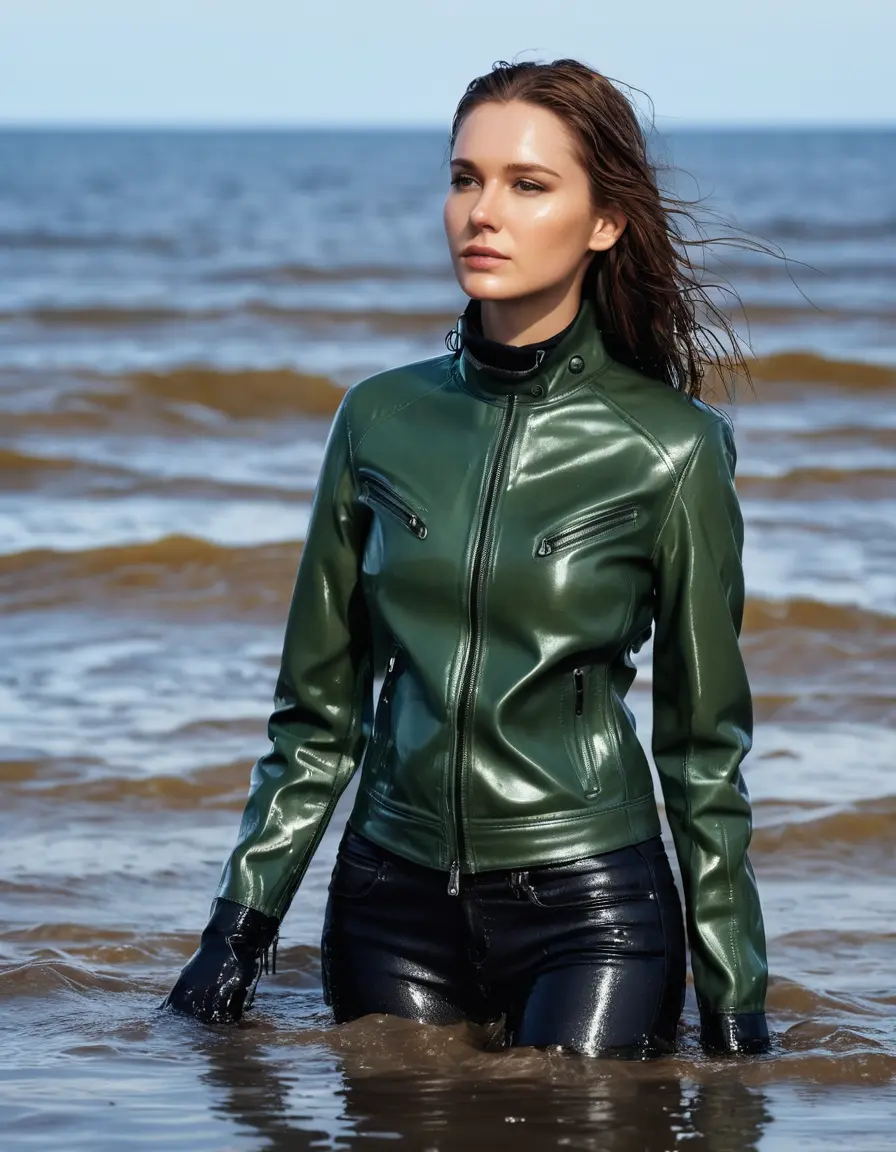 photo of young woman, in soaking wet, drenched clothes,
tight leather boots, skin tight black leather jeans, slim fit green biker leatherjacket, tight light black latex turtleneck sweater,, standing in sea water, covered up to waist with water, 
enjoying, wet clothes stuck to body,
detailed textures of the wet clothes, wet face, wet plastered hair,
wet, drenched, professional, high-quality details, full body view.
sharp focus, ultra-high pixel detail, realistic, high-quality, full colors, incredibly detailed, 4k, 8k, 16k, hyper-realistic, RAW photo, masterpiece, ultra-detailed, professionally color graded, professional photograph, white woman, long dripping wet brown hair