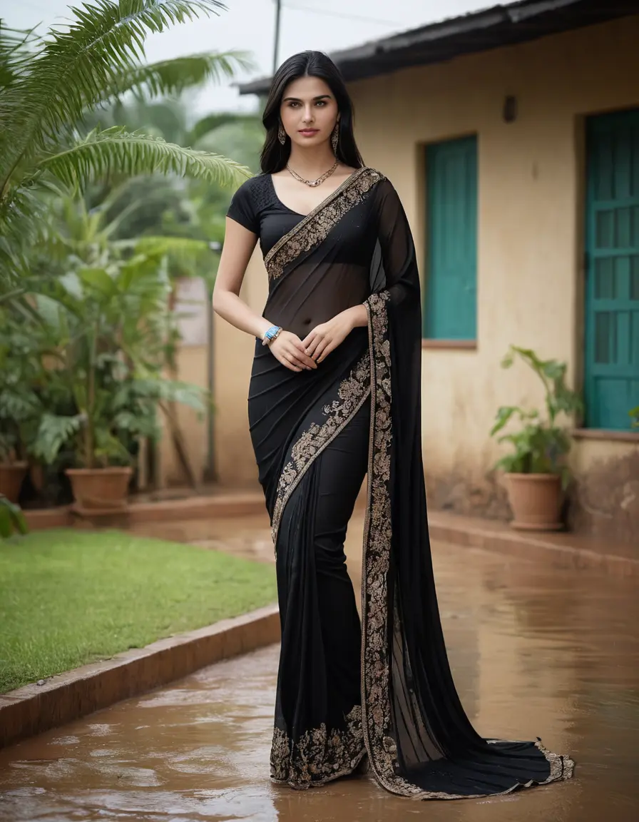 photo of young woman, in soaking wet, drenched clothes,
Stilletto heels, Silk pants, Embroidery,  long black Saree skin tight , Outdoor house ,grope another female , 
enjoying, wet clothes stuck to body,
detailed textures of the wet clothes, wet face, wet plastered hair,
wet, drenched, professional, high-quality details, full body view.
sharp focus, ultra-high pixel detail, realistic, high-quality, full colors, incredibly detailed, 4k, 8k, 16k, hyper-realistic, RAW photo, masterpiece, ultra-detailed, professionally color graded, professional photograph, Straight open  wavy hairstyle , , pear shaped body,  wrist watch, thin necklace t ,  , no make up, 4.6feet tall model , 36b bra size, 