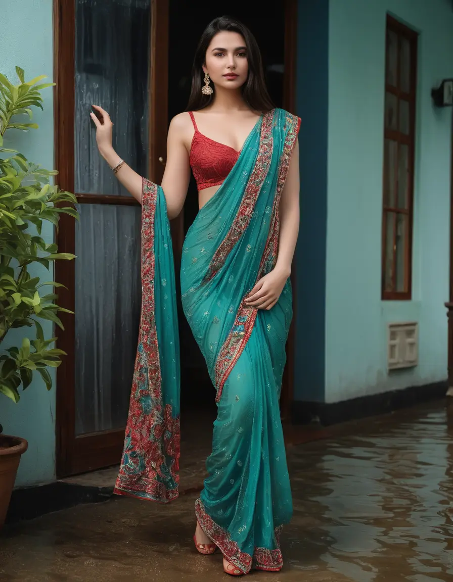 photo of young woman, in soaking wet, drenched clothes,
Stilletto heels, Silk pants, Embroidery,  long Saree skin tight , Outdoor house ,grope another female , 
enjoying, wet clothes stuck to body,
detailed textures of the wet clothes, wet face, wet plastered hair,
wet, drenched, professional, high-quality details, full body view.
sharp focus, ultra-high pixel detail, realistic, high-quality, full colors, incredibly detailed, 4k, 8k, 16k, hyper-realistic, RAW photo, masterpiece, ultra-detailed, professionally color graded, professional photograph, Straight open  wavy hairstyle , , pear shaped body,  wrist watch, thin necklace t ,  , no make up, 4.6feet tall model , 36b bra size, 
