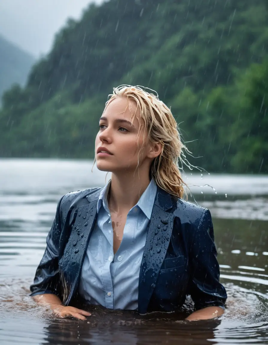 photo of young woman, in soaking wet, drenched clothes,
Dark Blue Business Trouser, Dark Blue Business Suit Jacket with Light Blue button down shirt, Clear Mountain lake with heavy rain, 
enjoying, wet clothes stuck to body,
detailed textures of the wet clothes, wet face, wet plastered hair,
wet, drenched, professional, high-quality details, full body view.
sharp focus, ultra-high pixel detail, realistic, high-quality, full colors, incredibly detailed, 4k, 8k, 16k, hyper-realistic, RAW photo, masterpiece, ultra-detailed, professionally color graded, professional photograph, young elegant white blonde haired beautiful women, breast deep submerged, under a big rainshower, fully clothed, completely soaked, fully drenched, completely wet, wetlook, heavy rain, side parting, open hair, long hair, rain storm, looks confidently into camera