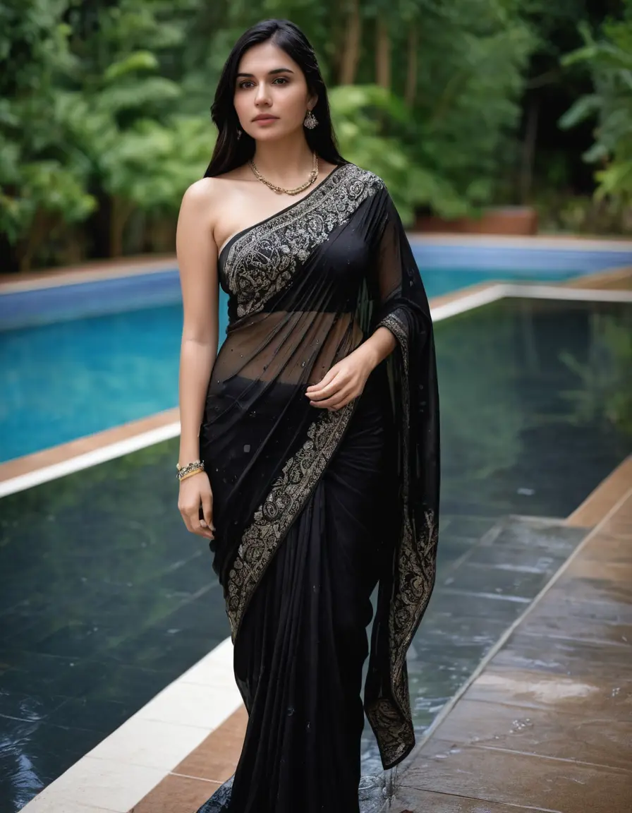 photo of young woman, in soaking wet, drenched clothes,
Stilletto heels, Silk pants, Embroidery,  long black Saree skin tight , Outdoor pool ,grope another female , 
enjoying, wet clothes stuck to body,
detailed textures of the wet clothes, wet face, wet plastered hair,
wet, drenched, professional, high-quality details, full body view.
sharp focus, ultra-high pixel detail, realistic, high-quality, full colors, incredibly detailed, 4k, 8k, 16k, hyper-realistic, RAW photo, masterpiece, ultra-detailed, professionally color graded, professional photograph, Straight open  wavy hairstyle , , pear shaped body,  wrist watch, thin necklace t ,  , no make up, 4.6feet tall model , 36b bra size, 