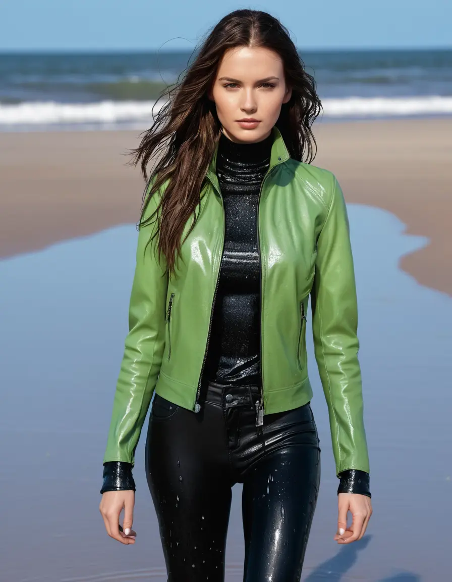 photo of young woman, in soaking wet, drenched clothes,
tight leather boots, skin tight black leather jeans, slim fit green biker leatherjacket, tight light black latex turtleneck sweater,, walking on the sand at a sunny beach, 
enjoying, wet clothes stuck to body,
detailed textures of the wet clothes, wet face, wet plastered hair,
wet, drenched, professional, high-quality details, full body view.
sharp focus, ultra-high pixel detail, realistic, high-quality, full colors, incredibly detailed, 4k, 8k, 16k, hyper-realistic, RAW photo, masterpiece, ultra-detailed, professionally color graded, professional photograph, white woman, long dripping wet brown hair