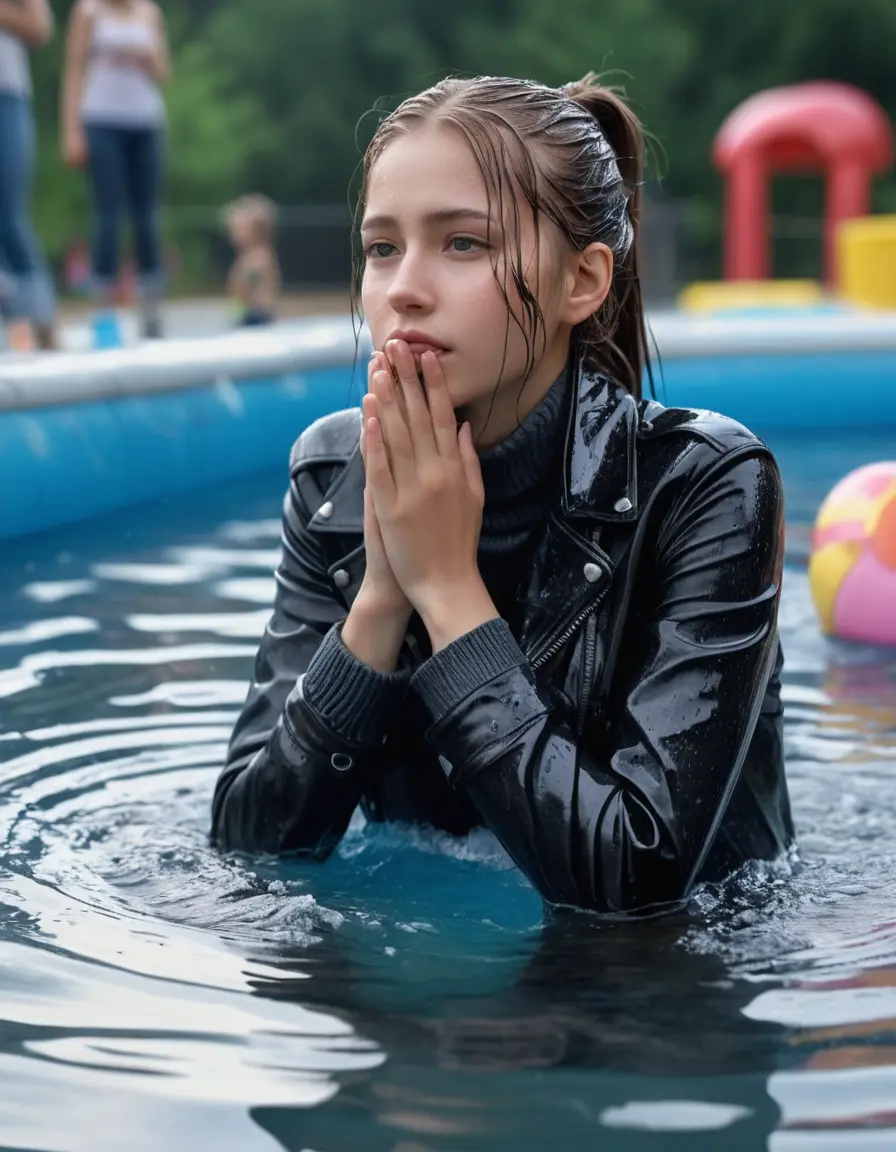 photo of young woman, in soaking wet, drenched clothes,
ankle boots , super skin tight denim jeans, slim fit black biker leatherjacket, tight grey knit turtleneck sweater, handbag , fifteen years old horny blonde teenage girl with her friends holds her hand over her mouth and nose lies completely submerged in pool partly underwater up to the neck at party in a crowded waterpark, completely wet from the rain, open mouth, big eyes, 
enjoying, wet clothes stuck to body,
detailed textures of the wet clothes, wet face, wet plastered hair,
wet, drenched, professional, high-quality details, full body view.
sharp focus, ultra-high pixel detail, realistic, high-quality, full colors, incredibly detailed, 4k, 8k, 16k, hyper-realistic, RAW photo, masterpiece, ultra-detailed, professionally color graded, professional photograph, fifteen years old, completely soaked, completely dripping wet, very wet clothes, sleek long straight hair, sleek ponytail, worried and embarrassed facial expression, slight yawn, moaning,  all girls wear different styles of clothes, take a handbag into the water, a lot of people stands in the background, close-up, view from above, highly realistic representation, ultra sharp focus, highly photorealistic detailed facial features and expressions, highly photorealistic hands, highly best quality, highly sharp photorealistic image, highly photorealistic details, highest photorealistic wet clothes, full UHD resolution, highest photorealistic sharpness of the image, 32 K