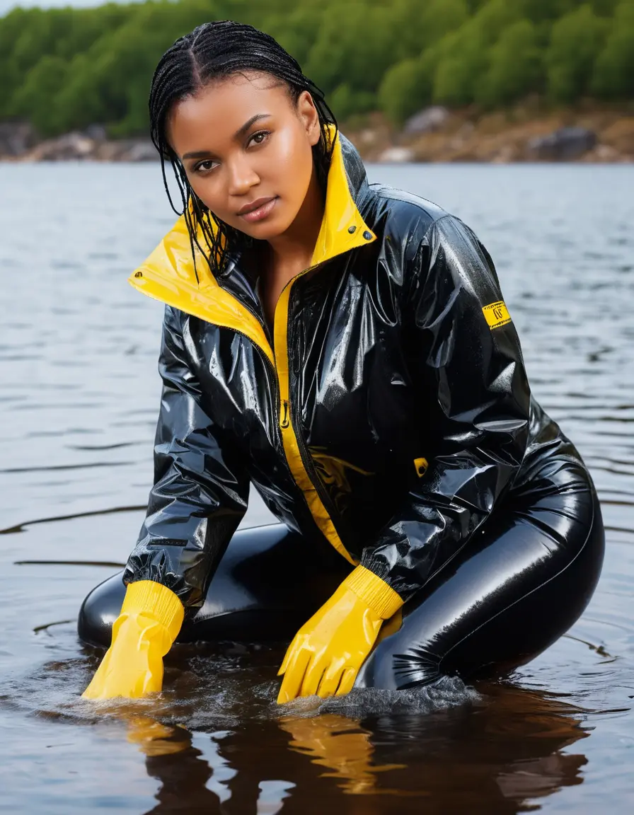 photo of young woman, in soaking wet, drenched clothes,
high heels, leather leggings, yellow transparent t-shirt, black wet shiny pvc puffer jacket, iceberg, 
enjoying, wet clothes stuck to body,
detailed textures of the wet clothes, wet face, wet plastered hair,
wet, drenched, professional, high-quality details, full body view.
sharp focus, ultra-high pixel detail, realistic, high-quality, full colors, incredibly detailed, 4k, 8k, 16k, hyper-realistic, RAW photo, masterpiece, ultra-detailed, professionally color graded, professional photograph, 65 years old fat black mature, big boobs