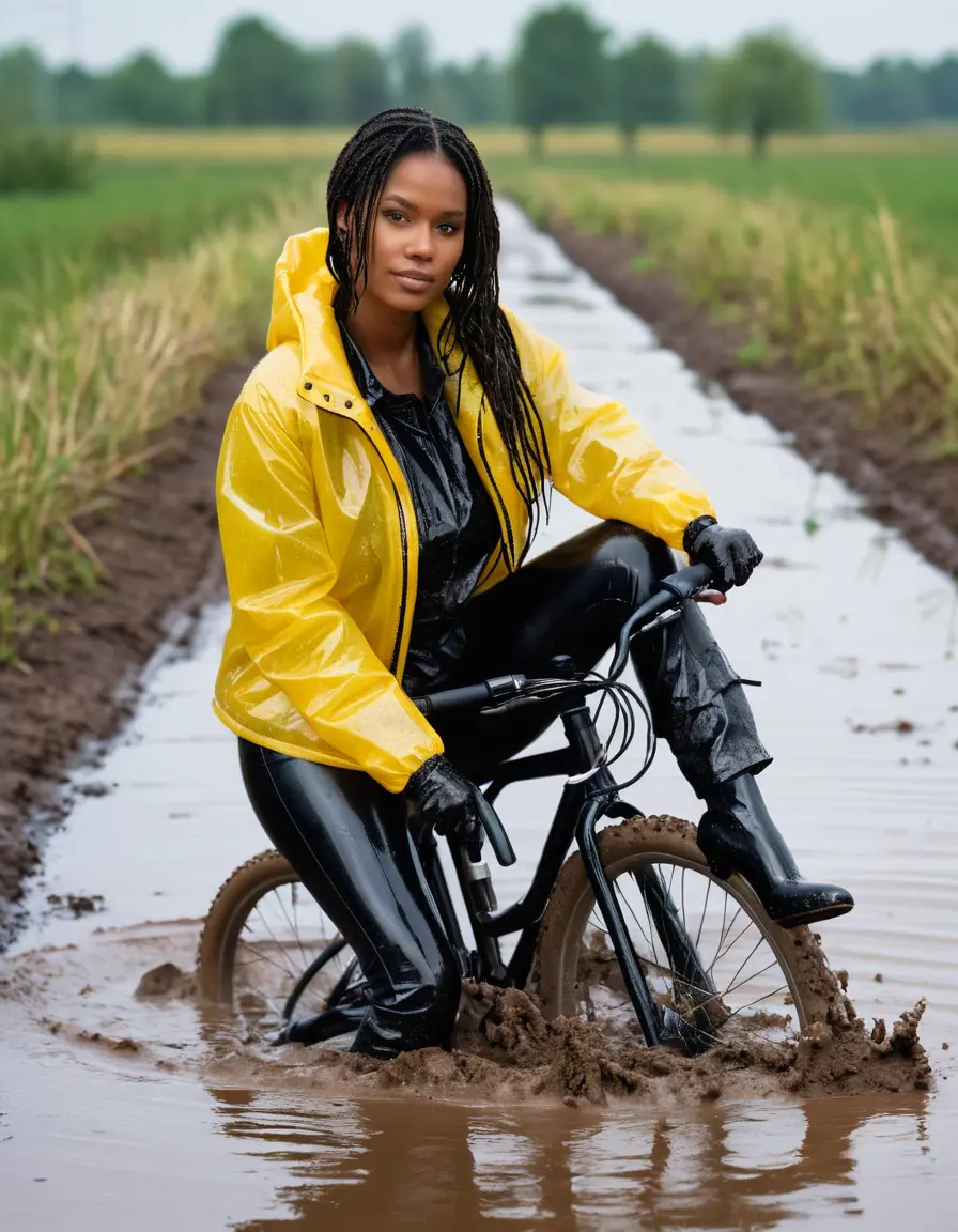 photo of young woman, in soaking wet, drenched clothes,
high heels, leather leggings, yellow transparent t-shirt, black wet shiny pvc puffer jacket, ridding bicycle in mud puddle, 
enjoying, wet clothes stuck to body,
detailed textures of the wet clothes, wet face, wet plastered hair,
wet, drenched, professional, high-quality details, full body view.
sharp focus, ultra-high pixel detail, realistic, high-quality, full colors, incredibly detailed, 4k, 8k, 16k, hyper-realistic, RAW photo, masterpiece, ultra-detailed, professionally color graded, professional photograph, 65 years old fat black mature, big boobs