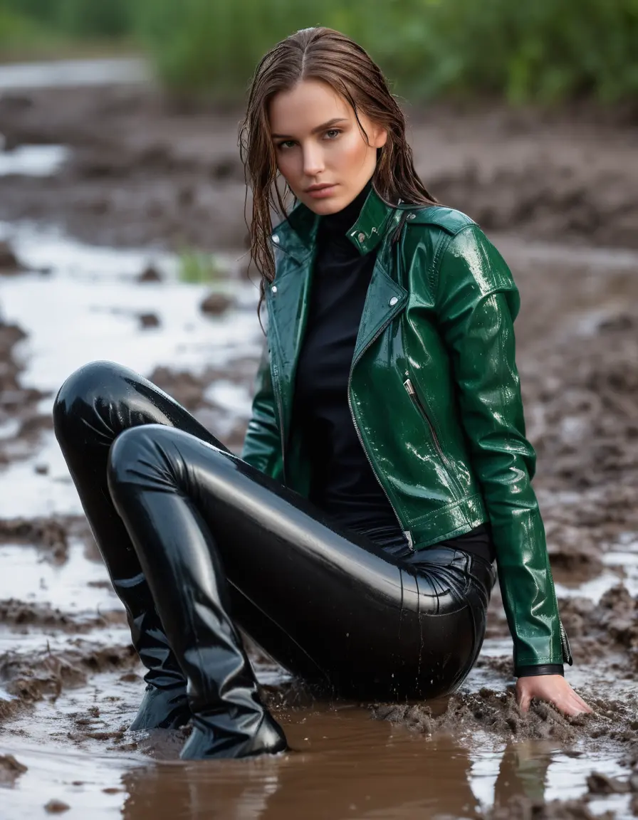 photo of young woman, in soaking wet, drenched clothes,
tight leather boots, skin tight black leather jeans, slim fit green biker leatherjacket, tight light black latex turtleneck sweater,, lying on mud, 
enjoying, wet clothes stuck to body,
detailed textures of the wet clothes, wet face, wet plastered hair,
wet, drenched, professional, high-quality details, full body view.
sharp focus, ultra-high pixel detail, realistic, high-quality, full colors, incredibly detailed, 4k, 8k, 16k, hyper-realistic, RAW photo, masterpiece, ultra-detailed, professionally color graded, professional photograph, white woman, long dripping wet brown hair