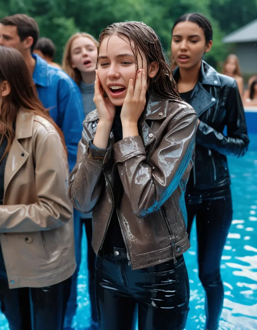 photo of young woman, in soaking wet, drenched clothes,
ankle boots , super skin tight denim jeans, slim fit black biker leatherjacket, tight light pink knit turtleneck sweater, handbag , fifteen years old horny blonde teenage girl with her friends holds her hand over her mouth and nose lies completely submerged in pool partly underwater up to the neck at party in a crowded waterpark, completely wet from the rain, open mouth, big eyes, 
enjoying, wet clothes stuck to body,
detailed textures of the wet clothes, wet face, wet plastered hair,
wet, drenched, professional, high-quality details, full body view.
sharp focus, ultra-high pixel detail, realistic, high-quality, full colors, incredibly detailed, 4k, 8k, 16k, hyper-realistic, RAW photo, masterpiece, ultra-detailed, professionally color graded, professional photograph, fifteen years old, completely soaked, completely dripping wet, very wet clothes, sleek long straight hair, worried and embarrassed facial expression, slight yawn, moaning,  all girls wear different styles of clothes, carrying a dripping wet smal handbag, a lot of people stands in the background, close-up, view from above, highly realistic representation, ultra sharp focus, highly photorealistic detailed facial features and expressions, highly photorealistic hands, highly best quality, highly sharp photorealistic image, highly photorealistic details, highest photorealistic wet clothes, full UHD resolution, highest photorealistic sharpness of the image, 32 K