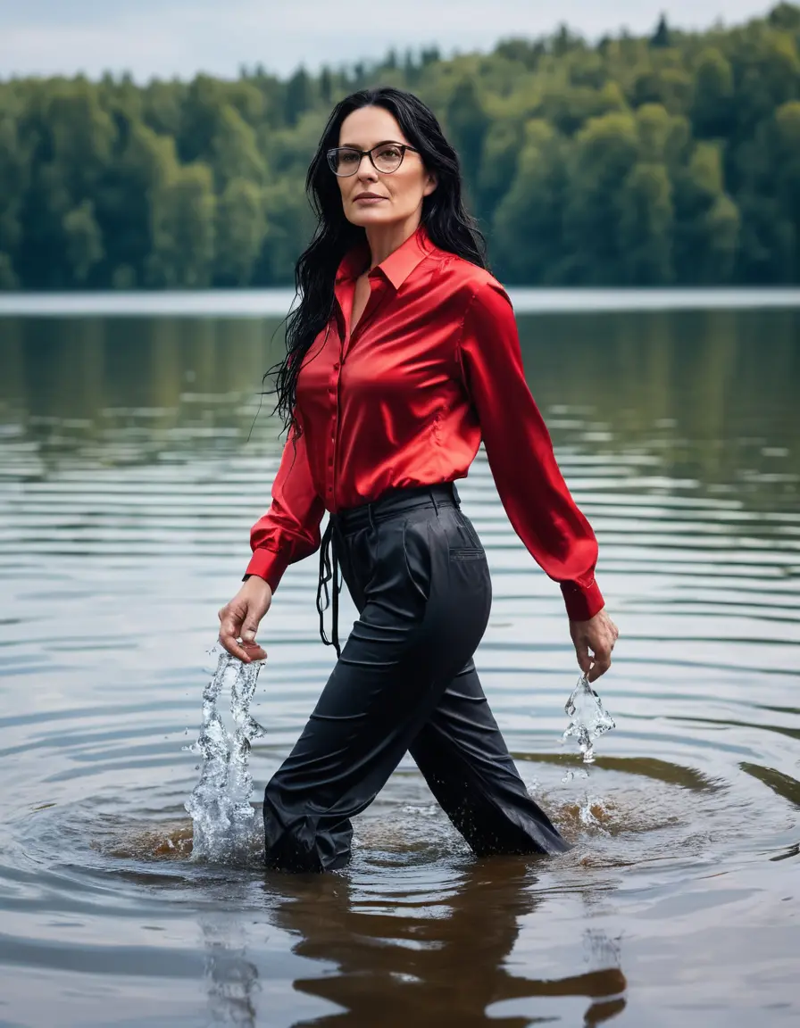 photo of young woman, in soaking wet, drenched clothes,
Sport shoes , long black office trousers, red silk satin shirt with long sleeves , walking in Sunny Deep lake, 
enjoying, wet clothes stuck to body,
detailed textures of the wet clothes, wet face, wet plastered hair,
wet, drenched, professional, high-quality details, full body view.
sharp focus, ultra-high pixel detail, realistic, high-quality, full colors, incredibly detailed, 4k, 8k, 16k, hyper-realistic, RAW photo, masterpiece, ultra-detailed, professionally color graded, professional photograph, woman 51 years old, long black hair, very big and thick lips, office light glasses, complete body
