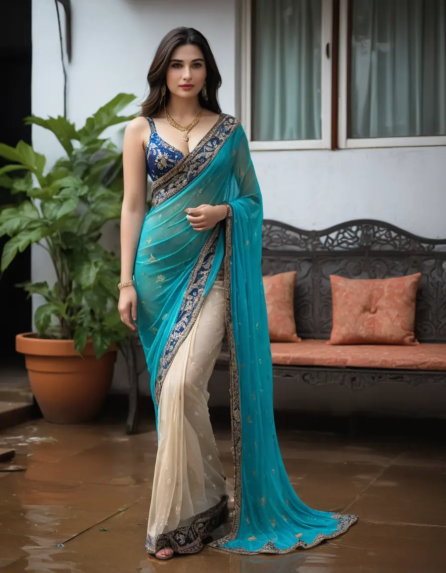 photo of young woman, in soaking wet, drenched clothes,
Stilletto heels, Silk pants, Embroidery,  long Saree skin tight , Outdoor house ,grope another female , 
enjoying, wet clothes stuck to body,
detailed textures of the wet clothes, wet face, wet plastered hair,
wet, drenched, professional, high-quality details, full body view.
sharp focus, ultra-high pixel detail, realistic, high-quality, full colors, incredibly detailed, 4k, 8k, 16k, hyper-realistic, RAW photo, masterpiece, ultra-detailed, professionally color graded, professional photograph, Straight open  wavy hairstyle , , pear shaped body,  wrist watch, thin necklace t ,  , no make up, 4.6feet tall model , 36b bra size, 