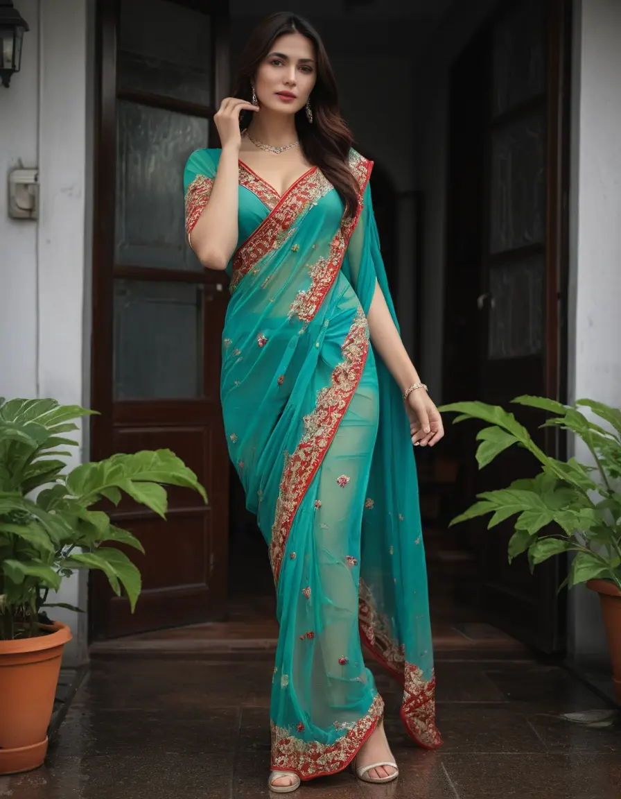 photo of young woman, in soaking wet, drenched clothes,
Stilletto heels, Silk pants, Embroidery,  long Saree skin tight , Outdoor house ,grope another female , 
enjoying, wet clothes stuck to body,
detailed textures of the wet clothes, wet face, wet plastered hair,
wet, drenched, professional, high-quality details, full body view.
sharp focus, ultra-high pixel detail, realistic, high-quality, full colors, incredibly detailed, 4k, 8k, 16k, hyper-realistic, RAW photo, masterpiece, ultra-detailed, professionally color graded, professional photograph, Straight open  wavy hairstyle , , pear shaped body,  wrist watch, thin necklace t ,  , no make up, 4.6feet tall model , 36b bra size, 