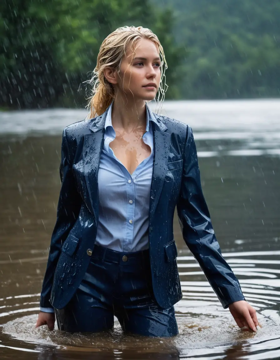 photo of young woman, in soaking wet, drenched clothes,
Dark Blue Business Trouser, Dark Blue Business Suit Jacket with Light Blue button down business shirt longsleeve, Clear Mountain lake with heavy rain, 
enjoying, wet clothes stuck to body,
detailed textures of the wet clothes, wet face, wet plastered hair,
wet, drenched, professional, high-quality details, full body view.
sharp focus, ultra-high pixel detail, realistic, high-quality, full colors, incredibly detailed, 4k, 8k, 16k, hyper-realistic, RAW photo, masterpiece, ultra-detailed, professionally color graded, professional photograph, young elegant white blonde haired beautiful women, breast deep submerged, under a big rainshower, fully clothed, completely soaked, fully drenched, completely wet, wetlook, heavy rain, side parting, open hair, long hair, rain storm, looks confidently into camera