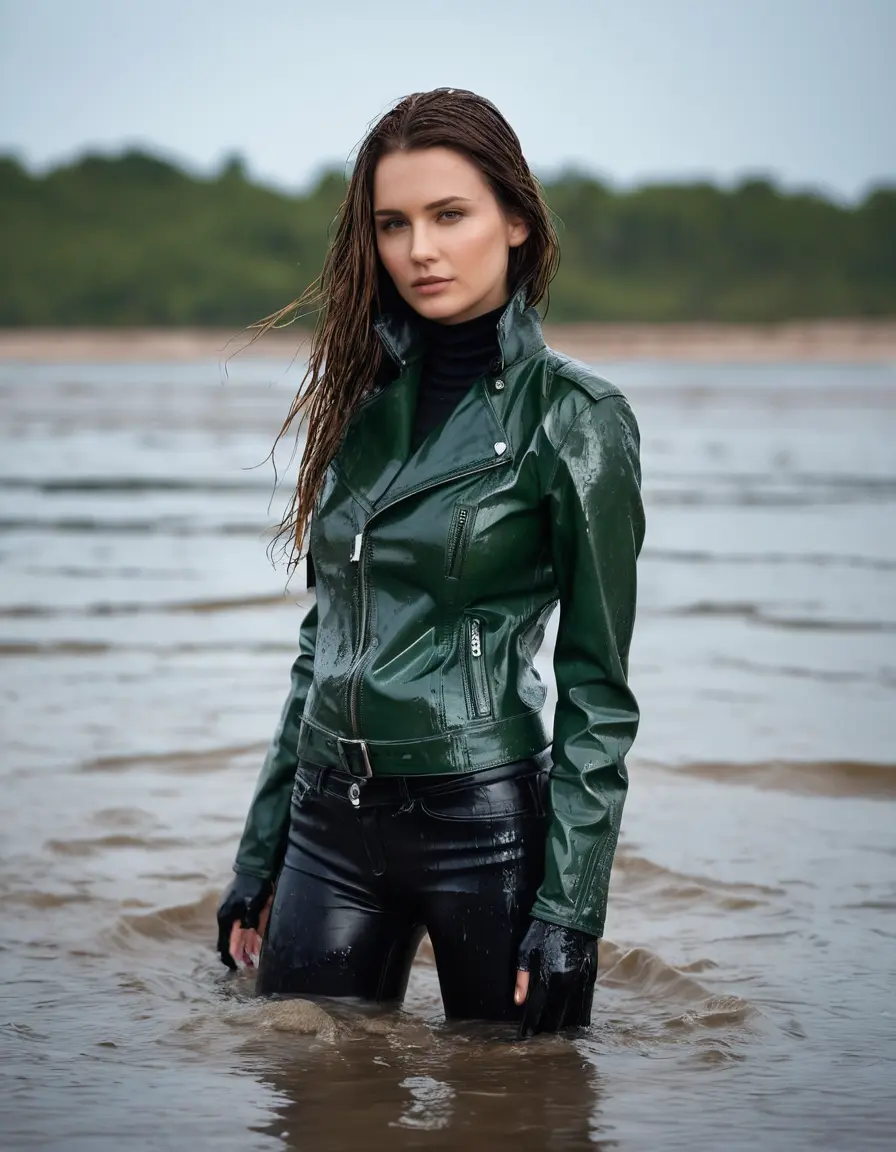 photo of young woman, in soaking wet, drenched clothes,
tight leather boots, skin tight black leather jeans, slim fit green biker leatherjacket, tight light black latex turtleneck sweater,, standing in sea water, covered up to waist with water, 
enjoying, wet clothes stuck to body,
detailed textures of the wet clothes, wet face, wet plastered hair,
wet, drenched, professional, high-quality details, full body view.
sharp focus, ultra-high pixel detail, realistic, high-quality, full colors, incredibly detailed, 4k, 8k, 16k, hyper-realistic, RAW photo, masterpiece, ultra-detailed, professionally color graded, professional photograph, white woman, long dripping wet brown hair