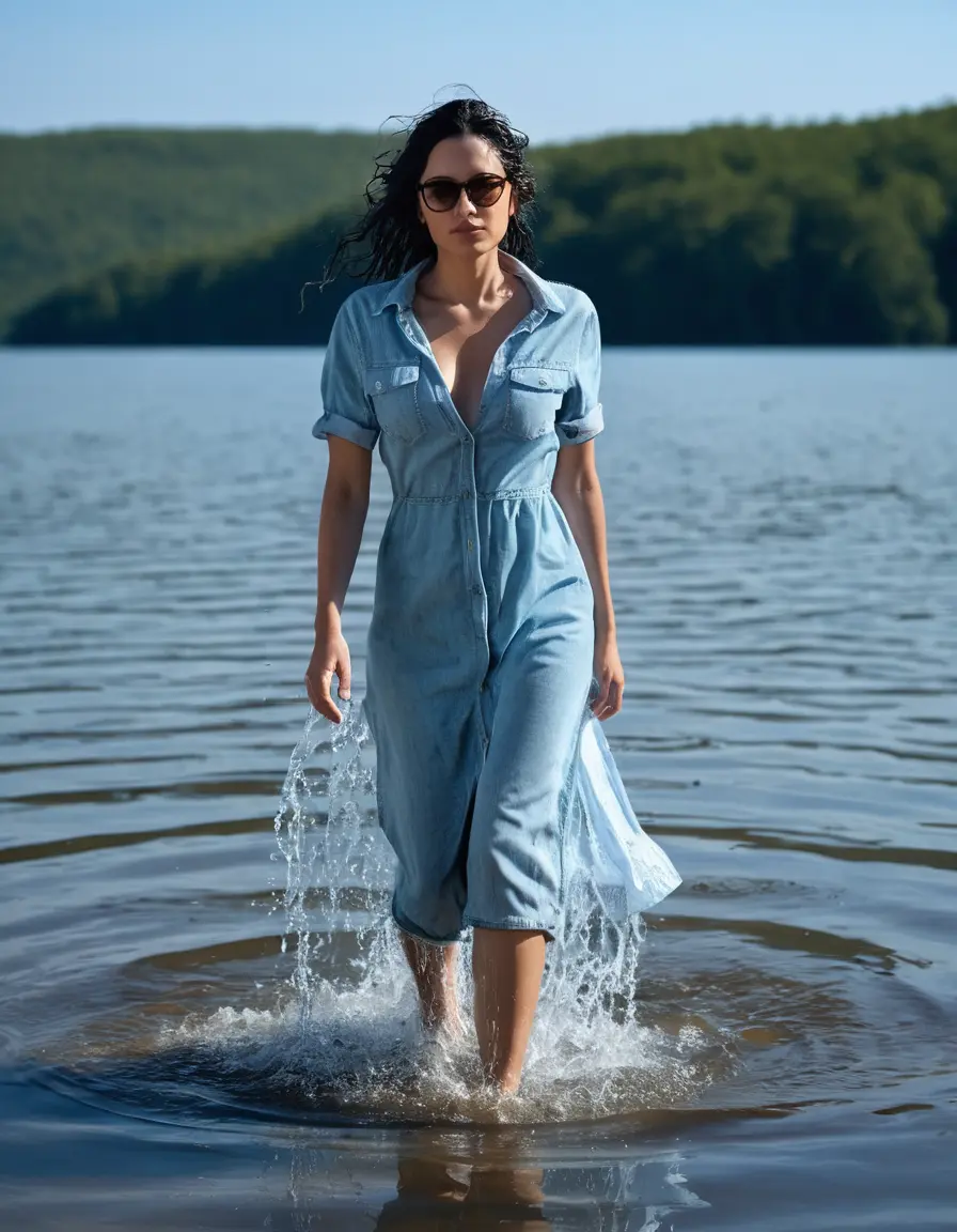 photo of young woman, in soaking wet, drenched clothes,
Sport shoes , long light blue jeans dress, long light blue jeans dress, walking in Sunny Deep lake, 
enjoying, wet clothes stuck to body,
detailed textures of the wet clothes, wet face, wet plastered hair,
wet, drenched, professional, high-quality details, full body view.
sharp focus, ultra-high pixel detail, realistic, high-quality, full colors, incredibly detailed, 4k, 8k, 16k, hyper-realistic, RAW photo, masterpiece, ultra-detailed, professionally color graded, professional photograph, woman 51 years old, medium black hair, very big and thick lips, office light glasses, complete body