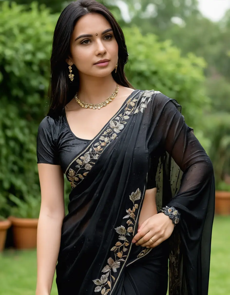 photo of young woman, in soaking wet, drenched clothes,
Stilletto heels, Silk pants, Embroidery,  long black Saree skin tight , Garden ,grope another female , 
enjoying, wet clothes stuck to body,
detailed textures of the wet clothes, wet face, wet plastered hair,
wet, drenched, professional, high-quality details, full body view.
sharp focus, ultra-high pixel detail, realistic, high-quality, full colors, incredibly detailed, 4k, 8k, 16k, hyper-realistic, RAW photo, masterpiece, ultra-detailed, professionally color graded, professional photograph, Straight open  wavy hairstyle , , pear shaped body,  wrist watch, thin necklace t ,  , no make up, 