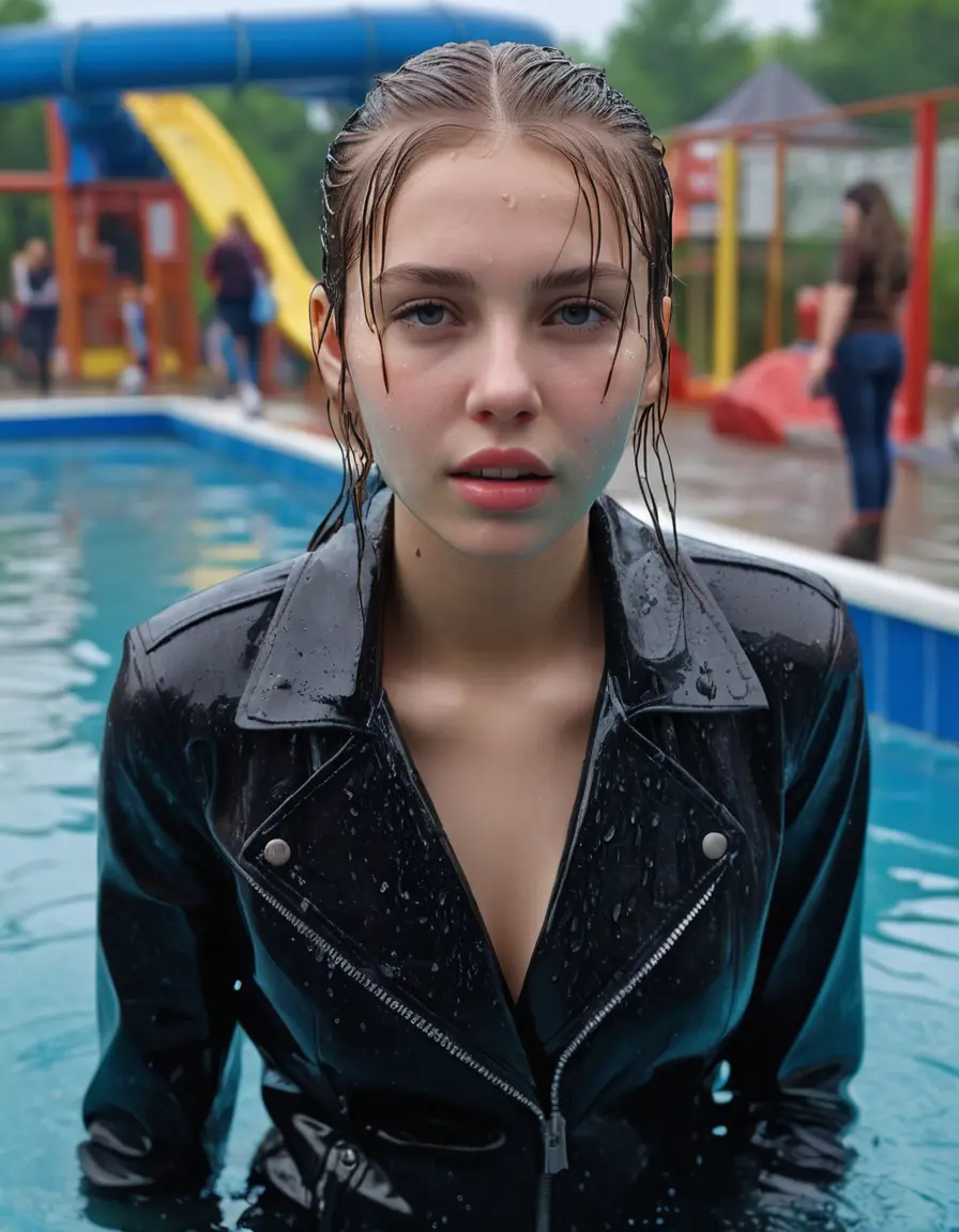 photo of young woman, in soaking wet, drenched clothes,
ankle boots , super skin tight denim jeans, slim fit black biker leatherjacket, tight grey knit turtleneck sweater, handbag , fifteen years old horny blonde teenage girl with her girlfriend holds her hand over her mouth and nose lies completely submerged in pool partly underwater up to the neck at party in a crowded waterpark, completely wet from the rain, open mouth, big eyes, 
enjoying, wet clothes stuck to body,
detailed textures of the wet clothes, wet face, wet plastered hair,
wet, drenched, professional, high-quality details, full body view.
sharp focus, ultra-high pixel detail, realistic, high-quality, full colors, incredibly detailed, 4k, 8k, 16k, hyper-realistic, RAW photo, masterpiece, ultra-detailed, professionally color graded, professional photograph, fifteen years old, completely soaked, completely dripping wet, very wet clothes, sleek long straight hair, sleek ponytail, worried and embarrassed facial expression, slight yawn, moaning,  all girls wear different styles of clothes, take a handbag into the water, a lot of people stands in the background, close-up, view from above, highly realistic representation, ultra sharp focus, highly photorealistic detailed facial features and expressions, highly photorealistic hands, highly best quality, highly sharp photorealistic image, highly photorealistic details, highest photorealistic wet clothes, full UHD resolution, highest photorealistic sharpness of the image, 32 K
