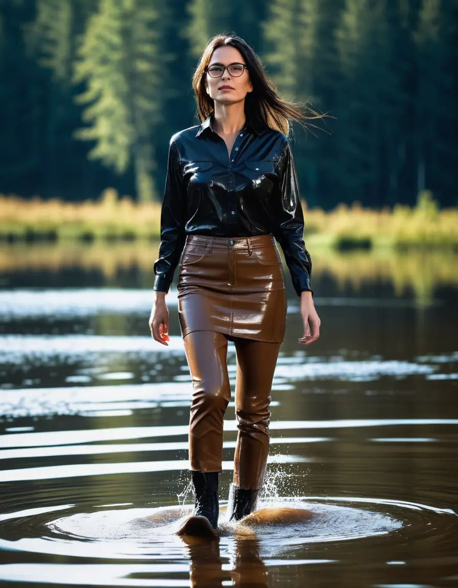 photo of young woman, in soaking wet, drenched clothes,
Sport shoes , long light brown leather jeans skirt, black leather jeans shirt with long sleeves , walking in Sunny Deep lake, 
enjoying, wet clothes stuck to body,
detailed textures of the wet clothes, wet face, wet plastered hair,
wet, drenched, professional, high-quality details, full body view.
sharp focus, ultra-high pixel detail, realistic, high-quality, full colors, incredibly detailed, 4k, 8k, 16k, hyper-realistic, RAW photo, masterpiece, ultra-detailed, professionally color graded, professional photograph, woman 51 years old, medium black hair, very big and thick lips, office light glasses, complete body