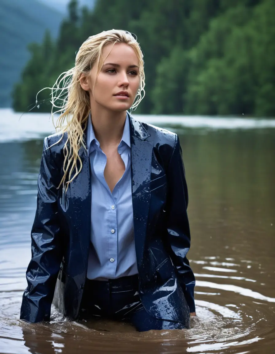 photo of young woman, in soaking wet, drenched clothes,
Dark Blue Business Trouser, Dark Blue Business Suit Jacket with Light Blue button down shirt, Clear Mountain lake with heavy rain, 
enjoying, wet clothes stuck to body,
detailed textures of the wet clothes, wet face, wet plastered hair,
wet, drenched, professional, high-quality details, full body view.
sharp focus, ultra-high pixel detail, realistic, high-quality, full colors, incredibly detailed, 4k, 8k, 16k, hyper-realistic, RAW photo, masterpiece, ultra-detailed, professionally color graded, professional photograph, young elegant white blonde haired beautiful women, breast deep submerged, under a big rainshower, fully clothed, completely soaked, fully drenched, completely wet, wetlook, heavy rain, side parting, open hair, long hair, rain storm, looks confidently into camera
