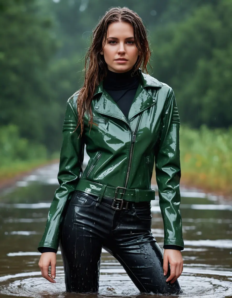photo of young woman, in soaking wet, drenched clothes,
tight leather boots, skin tight black leather jeans, slim fit green biker leatherjacket, tight light black latex turtleneck sweater,, soaked, heavy rain, storm, 
enjoying, wet clothes stuck to body,
detailed textures of the wet clothes, wet face, wet plastered hair,
wet, drenched, professional, high-quality details, full body view.
sharp focus, ultra-high pixel detail, realistic, high-quality, full colors, incredibly detailed, 4k, 8k, 16k, hyper-realistic, RAW photo, masterpiece, ultra-detailed, professionally color graded, professional photograph, white woman, long dripping wet brown hair