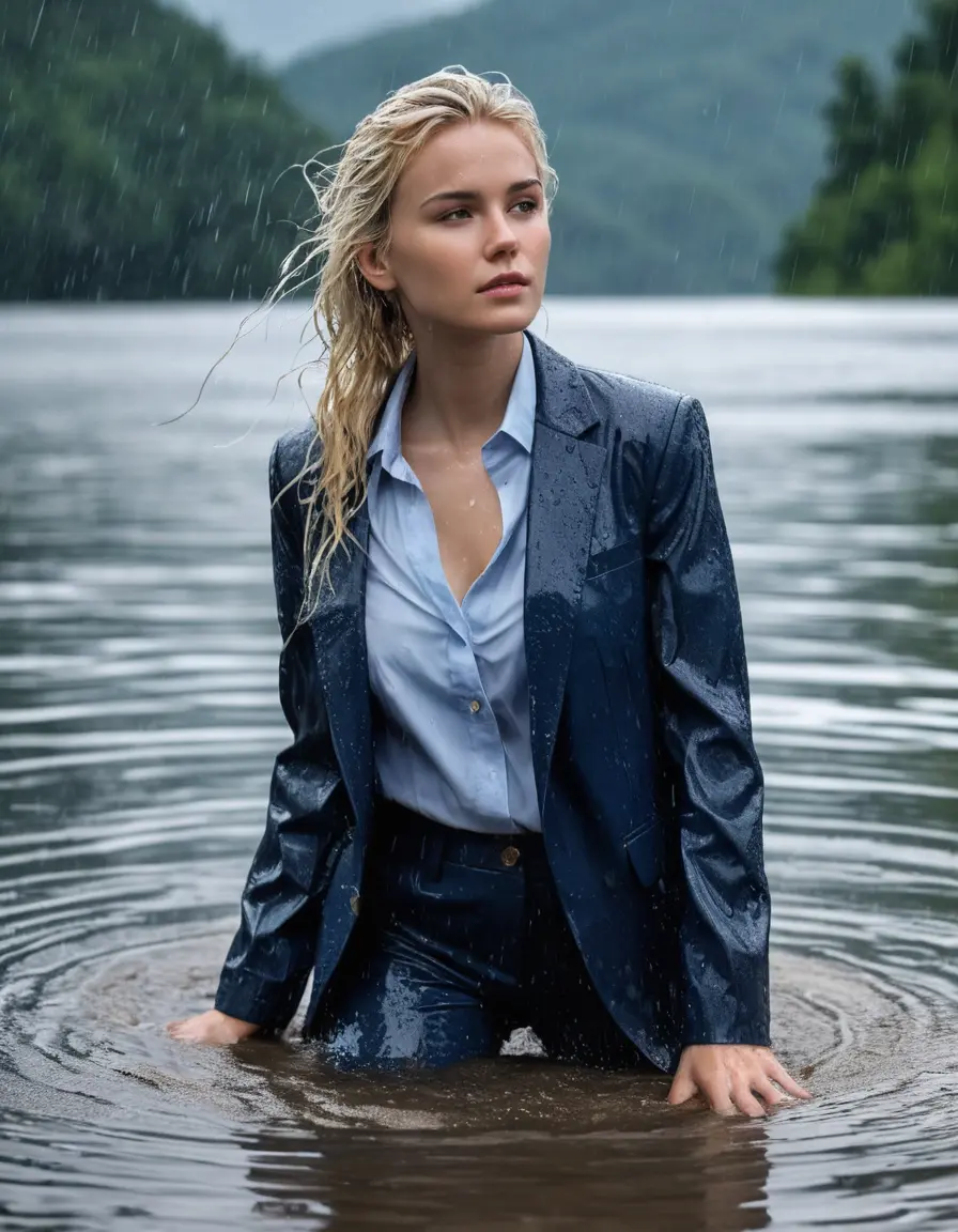 photo of young woman, in soaking wet, drenched clothes,
Dark Blue Business Trouser, Dark Blue Business Suit Jacket with Light Blue button down shirt, Clear Mountain lake with heavy rain, 
enjoying, wet clothes stuck to body,
detailed textures of the wet clothes, wet face, wet plastered hair,
wet, drenched, professional, high-quality details, full body view.
sharp focus, ultra-high pixel detail, realistic, high-quality, full colors, incredibly detailed, 4k, 8k, 16k, hyper-realistic, RAW photo, masterpiece, ultra-detailed, professionally color graded, professional photograph, young elegant white blonde haired beautiful women, breast deep submerged, under a big rainshower, fully clothed, completely soaked, fully drenched, completely wet, wetlook, heavy rain, side parting, open hair, long hair, rain storm, looks confidently into camera