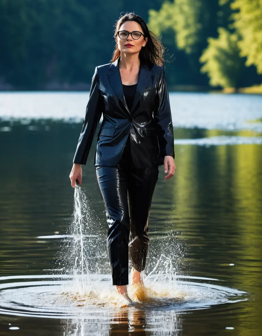 photo of young woman, in soaking wet, drenched clothes,
Sport shoes , long black office trousers, black blazer, walking in Sunny Deep lake, 
enjoying, wet clothes stuck to body,
detailed textures of the wet clothes, wet face, wet plastered hair,
wet, drenched, professional, high-quality details, full body view.
sharp focus, ultra-high pixel detail, realistic, high-quality, full colors, incredibly detailed, 4k, 8k, 16k, hyper-realistic, RAW photo, masterpiece, ultra-detailed, professionally color graded, professional photograph, woman 51 years old, medium black hair, very big and thick lips, office light glasses, complete body