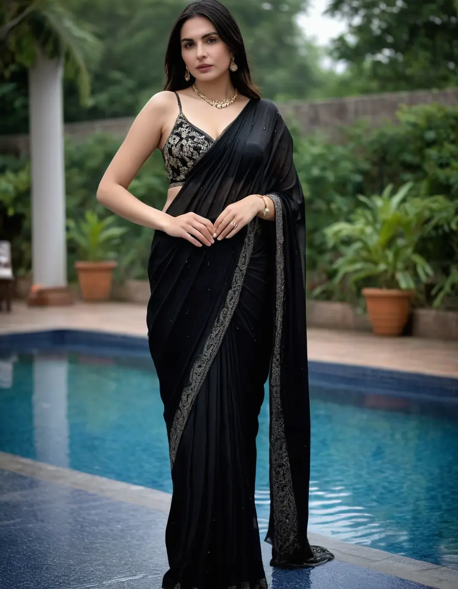 photo of young woman, in soaking wet, drenched clothes,
Stilletto heels, Silk pants, Embroidery,  long black Saree skin tight , Outdoor pool ,grope another female , 
enjoying, wet clothes stuck to body,
detailed textures of the wet clothes, wet face, wet plastered hair,
wet, drenched, professional, high-quality details, full body view.
sharp focus, ultra-high pixel detail, realistic, high-quality, full colors, incredibly detailed, 4k, 8k, 16k, hyper-realistic, RAW photo, masterpiece, ultra-detailed, professionally color graded, professional photograph, Straight open  wavy hairstyle , , pear shaped body,  wrist watch, thin necklace t ,  , no make up, 4.6feet tall model , 36b bra size, 