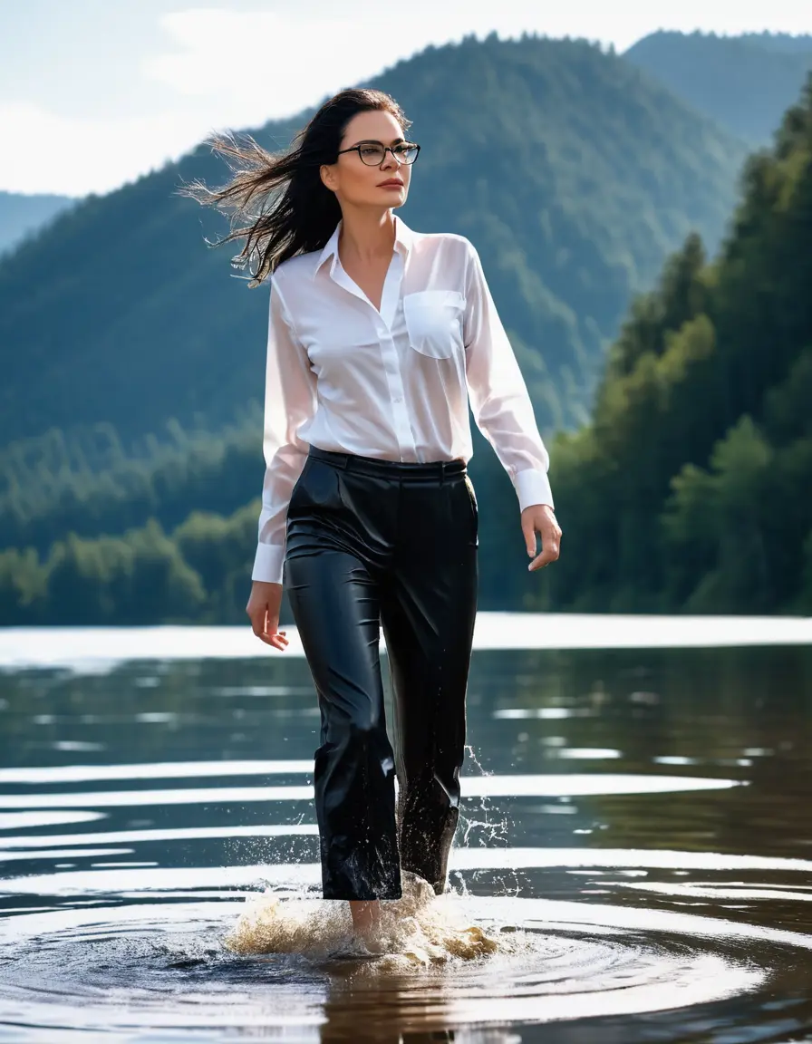 photo of young woman, in soaking wet, drenched clothes,
Sport shoes , long black office trousers, white silk satin shirt with long sleeves , walking in Sunny Deep lake, 
enjoying, wet clothes stuck to body,
detailed textures of the wet clothes, wet face, wet plastered hair,
wet, drenched, professional, high-quality details, full body view.
sharp focus, ultra-high pixel detail, realistic, high-quality, full colors, incredibly detailed, 4k, 8k, 16k, hyper-realistic, RAW photo, masterpiece, ultra-detailed, professionally color graded, professional photograph, woman 51 years old, medium black hair, very big and thick lips, office light glasses, complete body