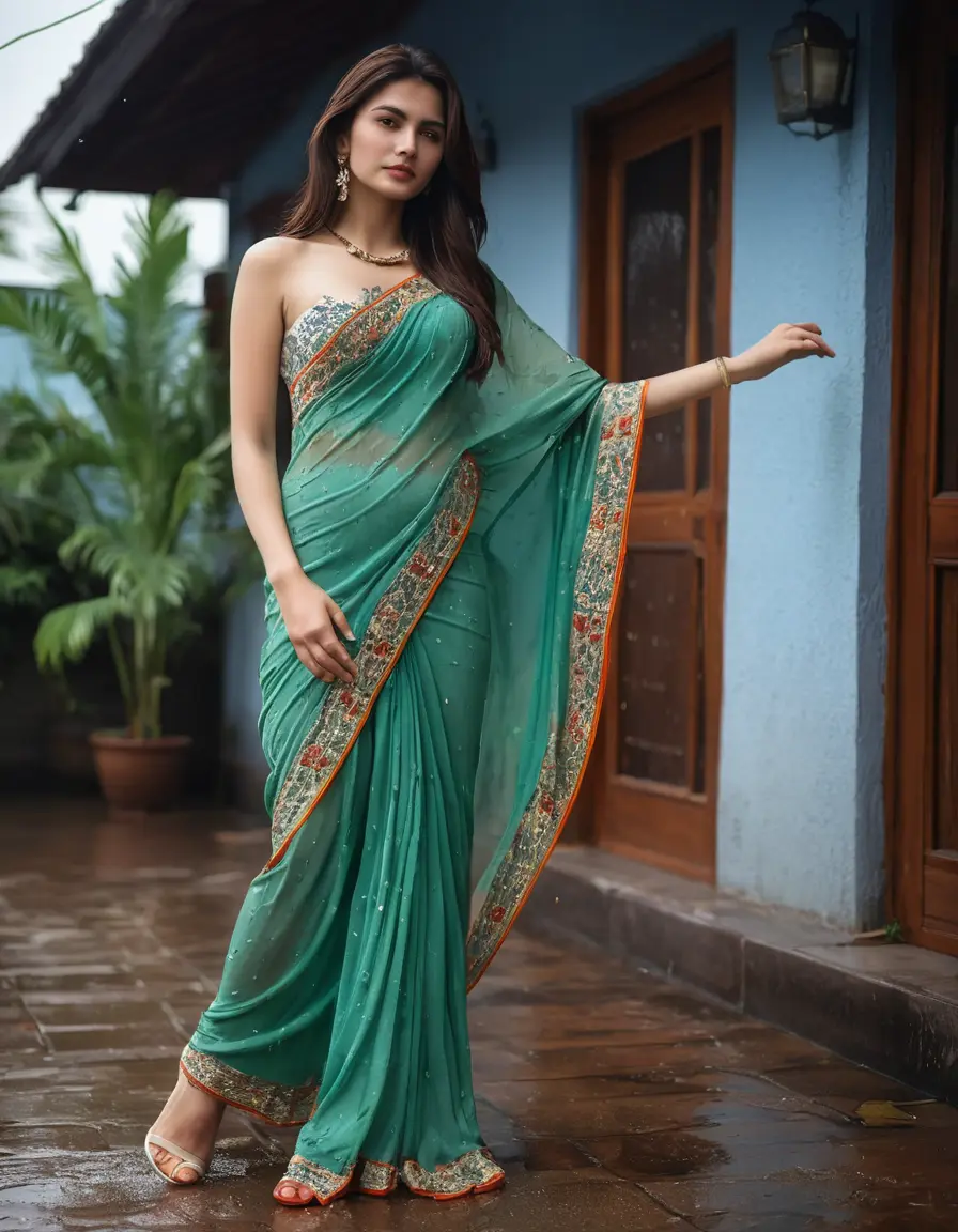 photo of young woman, in soaking wet, drenched clothes,
Stilletto heels, Silk pants, Embroidery,  long Saree skin tight , Outdoor house ,grope another female , 
enjoying, wet clothes stuck to body,
detailed textures of the wet clothes, wet face, wet plastered hair,
wet, drenched, professional, high-quality details, full body view.
sharp focus, ultra-high pixel detail, realistic, high-quality, full colors, incredibly detailed, 4k, 8k, 16k, hyper-realistic, RAW photo, masterpiece, ultra-detailed, professionally color graded, professional photograph, Straight open  wavy hairstyle , , pear shaped body,  wrist watch, thin necklace t ,  , no make up, 4.6feet tall model , 36b bra size, 