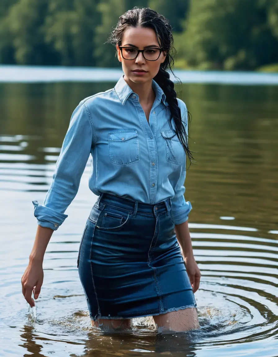 photo of young woman, in soaking wet, drenched clothes,
Sport shoes , long blue leather jeans skirt, Light blue jeans shirt with long sleeves , walking in Sunny Deep lake, 
enjoying, wet clothes stuck to body,
detailed textures of the wet clothes, wet face, wet plastered hair,
wet, drenched, professional, high-quality details, full body view.
sharp focus, ultra-high pixel detail, realistic, high-quality, full colors, incredibly detailed, 4k, 8k, 16k, hyper-realistic, RAW photo, masterpiece, ultra-detailed, professionally color graded, professional photograph, woman 51 years old, medium black hair, very big and thick lips, office light glasses, complete body