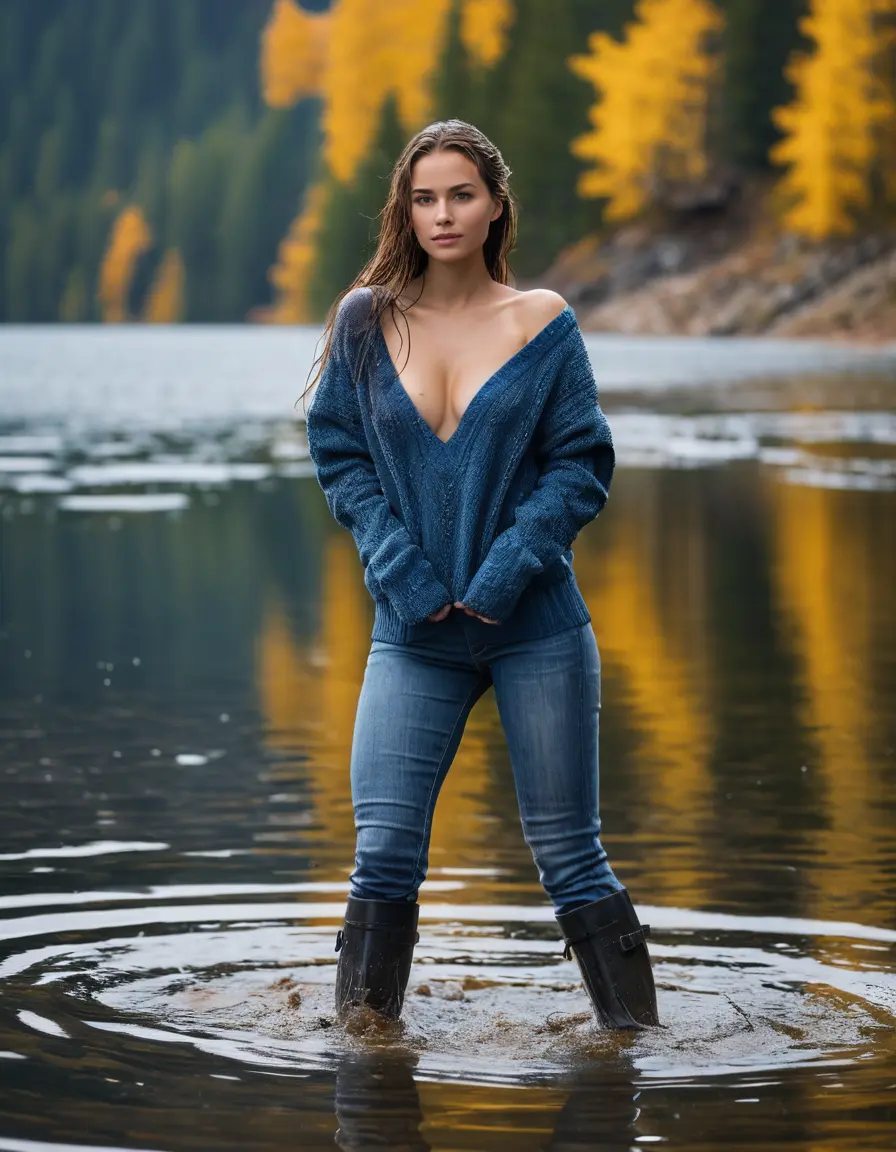 photo of young woman, in soaking wet, drenched clothes,
boots, long blue jeans, sweater with large v-neck, naked beneath, emerging the water of a mountain lake, 
enjoying, wet clothes stuck to body,
detailed textures of the wet clothes, wet face, wet plastered hair,
wet, drenched, professional, high-quality details, full body view.
sharp focus, ultra-high pixel detail, realistic, high-quality, full colors, incredibly detailed, 4k, 8k, 16k, hyper-realistic, RAW photo, masterpiece, ultra-detailed, professionally color graded, professional photograph