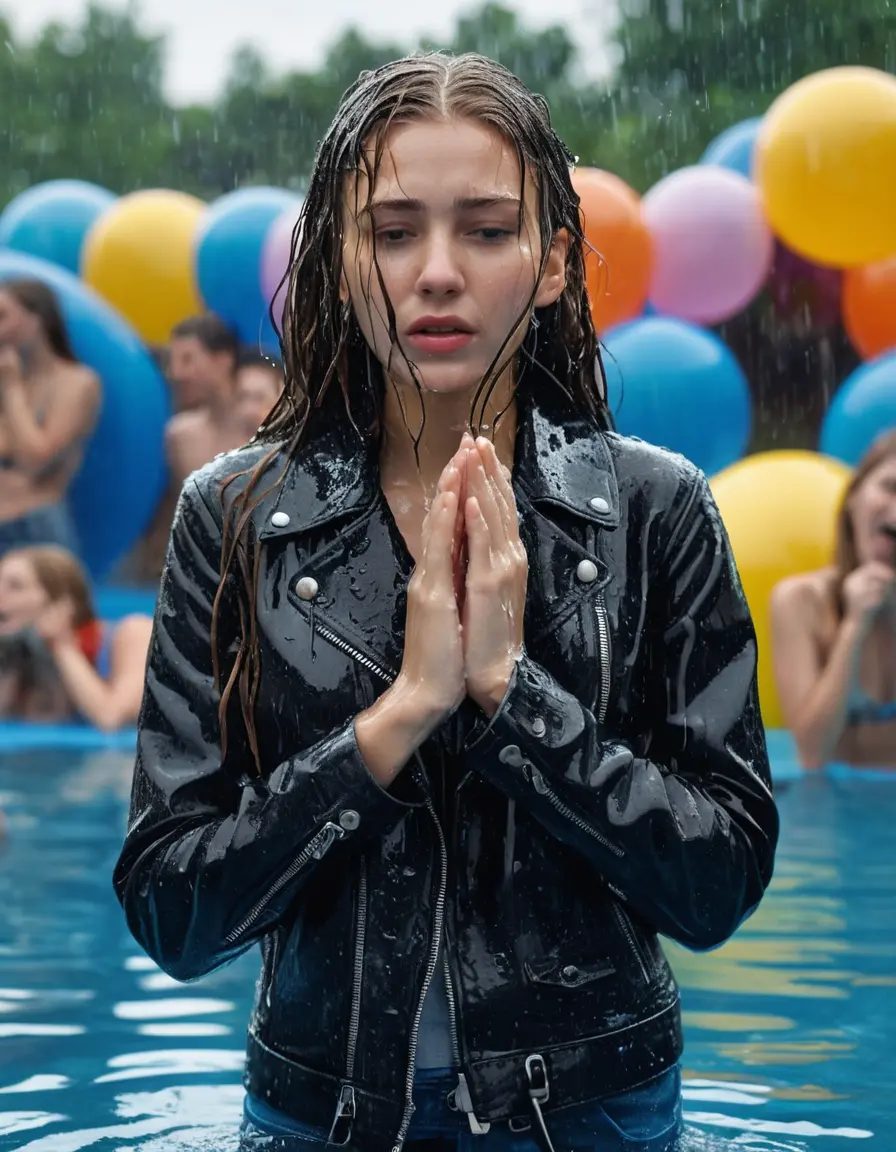 photo of young woman, in soaking wet, drenched clothes,
ankle boots , super skin tight denim jeans, slim fit black biker leatherjacket, tight light pink knit turtleneck sweater, handbag , fifteen years old horny blonde teenage girl with her friends holds her hand over her mouth and nose climbs out of the pool partly underwater up to the neck at party in a crowded waterpark, completely wet from the rain, open mouth, big eyes, 
enjoying, wet clothes stuck to body,
detailed textures of the wet clothes, wet face, wet plastered hair,
wet, drenched, professional, high-quality details, full body view.
sharp focus, ultra-high pixel detail, realistic, high-quality, full colors, incredibly detailed, 4k, 8k, 16k, hyper-realistic, RAW photo, masterpiece, ultra-detailed, professionally color graded, professional photograph, fifteen years old, completely soaked, completely dripping wet, very wet clothes, sleek long straight hair, worried and embarrassed facial expression, slight yawn, moaning,  all girls wear different styles of clothes, carrying a dripping wet smal handbag, a lot of people stands in the background, close-up, view from above, highly realistic representation, ultra sharp focus, highly photorealistic detailed facial features and expressions, highly photorealistic hands, highly best quality, highly sharp photorealistic image, highly photorealistic details, highest photorealistic wet clothes, full UHD resolution, highest photorealistic sharpness of the image, 32 K