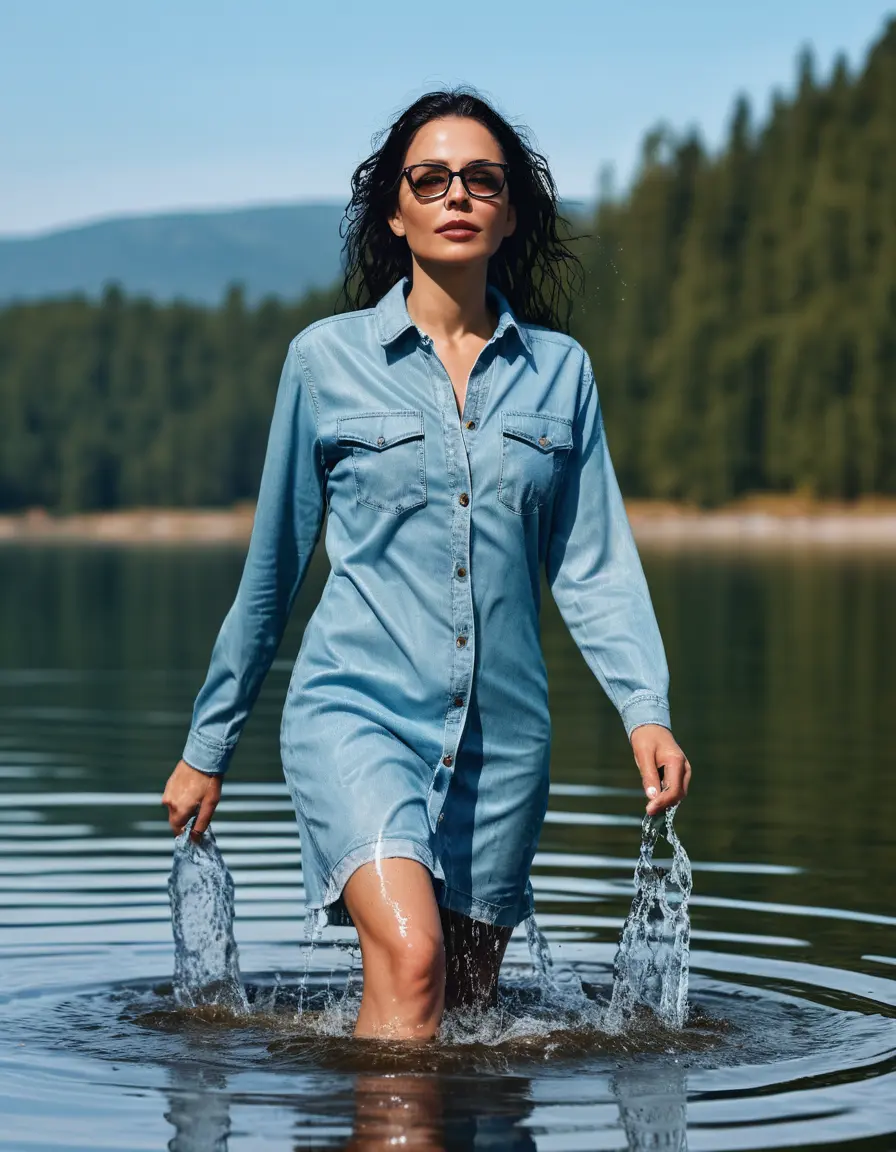 photo of young woman, in soaking wet, drenched clothes,
Sport shoes , long light blue jeans dress, long light blue jeans dress, walking in Sunny Deep lake, 
enjoying, wet clothes stuck to body,
detailed textures of the wet clothes, wet face, wet plastered hair,
wet, drenched, professional, high-quality details, full body view.
sharp focus, ultra-high pixel detail, realistic, high-quality, full colors, incredibly detailed, 4k, 8k, 16k, hyper-realistic, RAW photo, masterpiece, ultra-detailed, professionally color graded, professional photograph, woman 51 years old, medium black hair, very big and thick lips, office light glasses, complete body