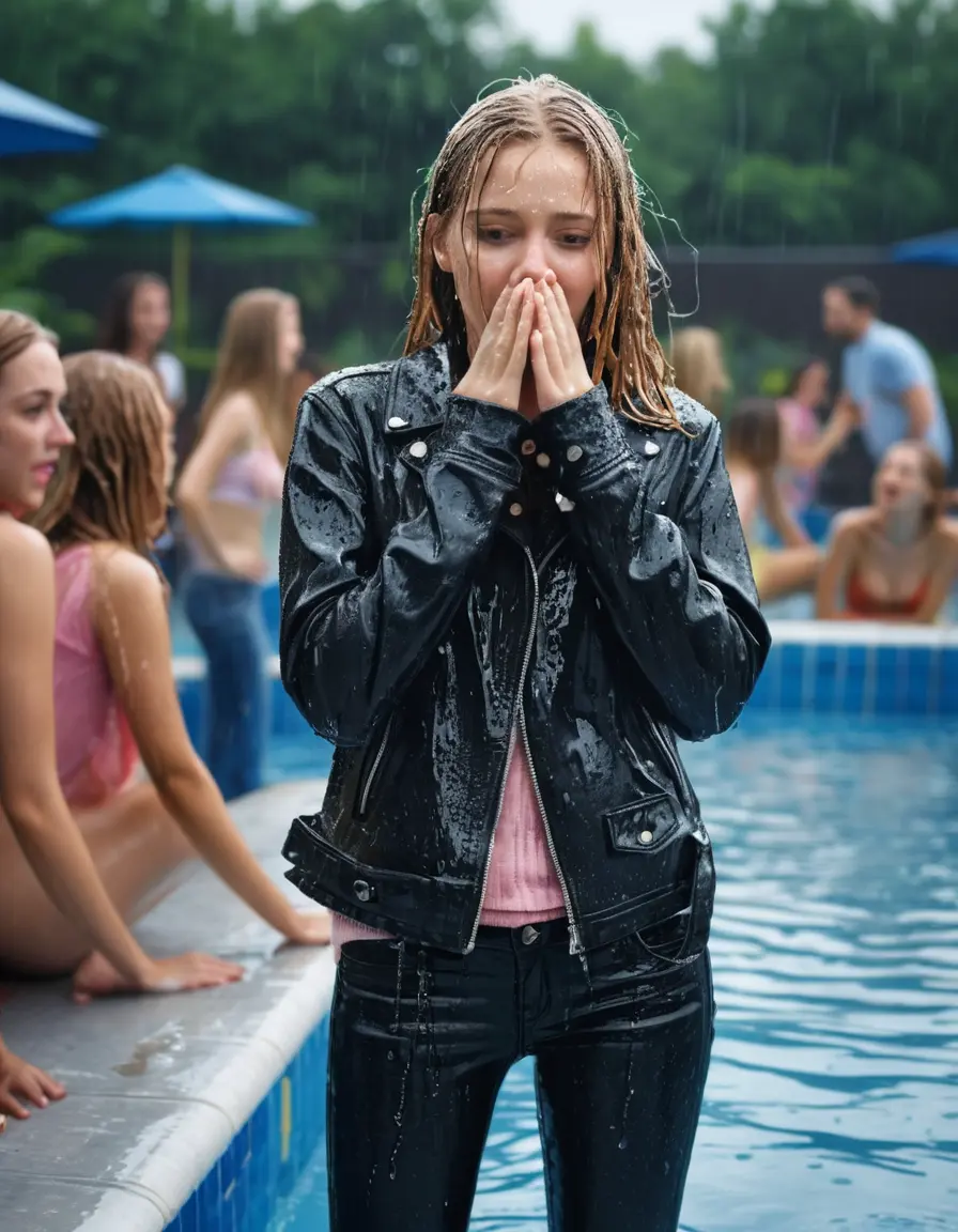 photo of young woman, in soaking wet, drenched clothes,
ankle boots , super skin tight denim jeans, slim fit black biker leatherjacket, tight light pink knit turtleneck sweater, handbag , fifteen years old horny blonde teenage girl with her friends holds her hand over her mouth and nose climbs out of the pool partly underwater up to the neck at party in a crowded waterpark, completely wet from the rain, open mouth, big eyes, 
enjoying, wet clothes stuck to body,
detailed textures of the wet clothes, wet face, wet plastered hair,
wet, drenched, professional, high-quality details, full body view.
sharp focus, ultra-high pixel detail, realistic, high-quality, full colors, incredibly detailed, 4k, 8k, 16k, hyper-realistic, RAW photo, masterpiece, ultra-detailed, professionally color graded, professional photograph, fifteen years old, completely soaked, completely dripping wet, very wet clothes, sleek long straight hair, worried and embarrassed facial expression, slight yawn, moaning,  all girls wear different styles of clothes, carrying a dripping wet smal handbag, a lot of people stands in the background, close-up, view from above, highly realistic representation, ultra sharp focus, highly photorealistic detailed facial features and expressions, highly photorealistic hands, highly best quality, highly sharp photorealistic image, highly photorealistic details, highest photorealistic wet clothes, full UHD resolution, highest photorealistic sharpness of the image, 32 K