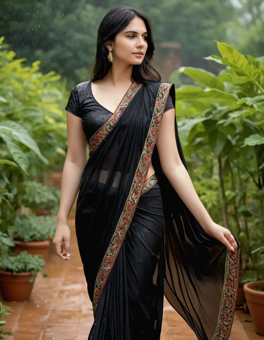 photo of young woman, in soaking wet, drenched clothes,
Stilletto heels, Silk pants, Embroidery,  long black Saree skin tight , Garden ,grope another female , 
enjoying, wet clothes stuck to body,
detailed textures of the wet clothes, wet face, wet plastered hair,
wet, drenched, professional, high-quality details, full body view.
sharp focus, ultra-high pixel detail, realistic, high-quality, full colors, incredibly detailed, 4k, 8k, 16k, hyper-realistic, RAW photo, masterpiece, ultra-detailed, professionally color graded, professional photograph, Straight open  wavy hairstyle , , pear shaped body,  wrist watch, thin necklace t ,  , no make up, 