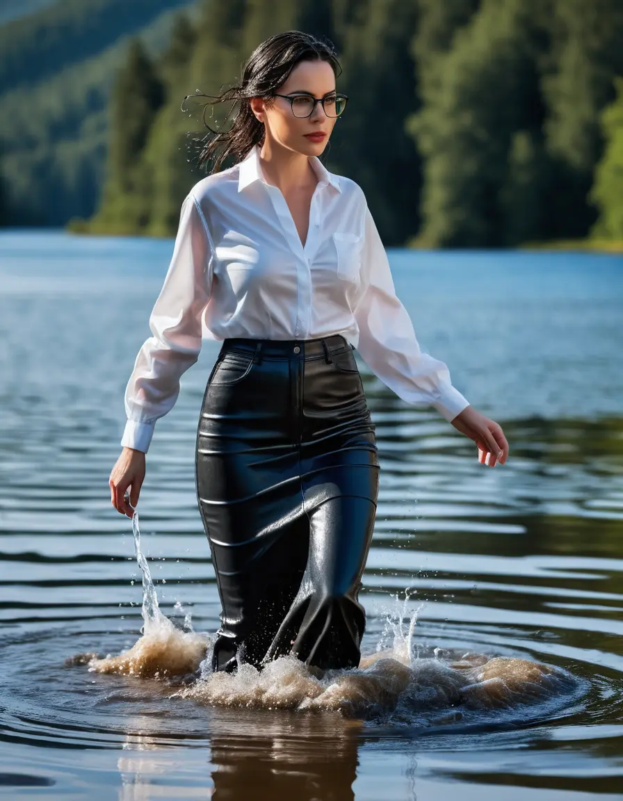 photo of young woman, in soaking wet, drenched clothes,
Sport shoes , long black leather jeans skirt, white silk satin shirt with long sleeves , walking in Sunny Deep lake, 
enjoying, wet clothes stuck to body,
detailed textures of the wet clothes, wet face, wet plastered hair,
wet, drenched, professional, high-quality details, full body view.
sharp focus, ultra-high pixel detail, realistic, high-quality, full colors, incredibly detailed, 4k, 8k, 16k, hyper-realistic, RAW photo, masterpiece, ultra-detailed, professionally color graded, professional photograph, woman 51 years old, medium black hair, very big and thick lips, office light glasses, complete body