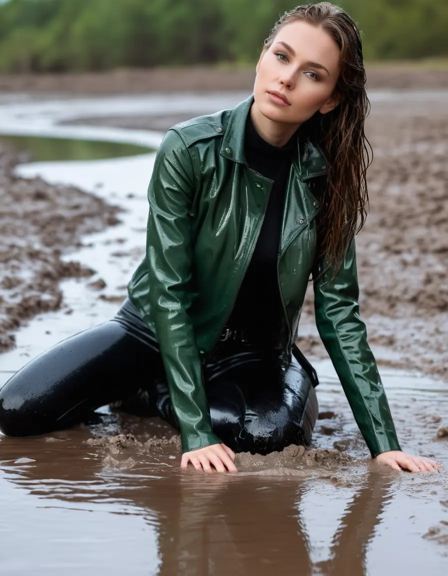 photo of young woman, in soaking wet, drenched clothes,
tight leather boots, skin tight black leather jeans, slim fit green biker leatherjacket, tight light black latex turtleneck sweater,, lying on mud in heavy rain, 
enjoying, wet clothes stuck to body,
detailed textures of the wet clothes, wet face, wet plastered hair,
wet, drenched, professional, high-quality details, full body view.
sharp focus, ultra-high pixel detail, realistic, high-quality, full colors, incredibly detailed, 4k, 8k, 16k, hyper-realistic, RAW photo, masterpiece, ultra-detailed, professionally color graded, professional photograph, white woman, long dripping wet brown hair