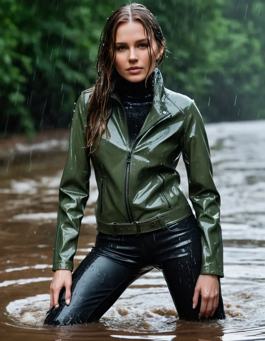 photo of young woman, in soaking wet, drenched clothes,
tight leather boots, skin tight black leather jeans, slim fit green biker leatherjacket, tight light black latex turtleneck sweater,, soaked, heavy rain, storm, 
enjoying, wet clothes stuck to body,
detailed textures of the wet clothes, wet face, wet plastered hair,
wet, drenched, professional, high-quality details, full body view.
sharp focus, ultra-high pixel detail, realistic, high-quality, full colors, incredibly detailed, 4k, 8k, 16k, hyper-realistic, RAW photo, masterpiece, ultra-detailed, professionally color graded, professional photograph, white woman, long dripping wet brown hair