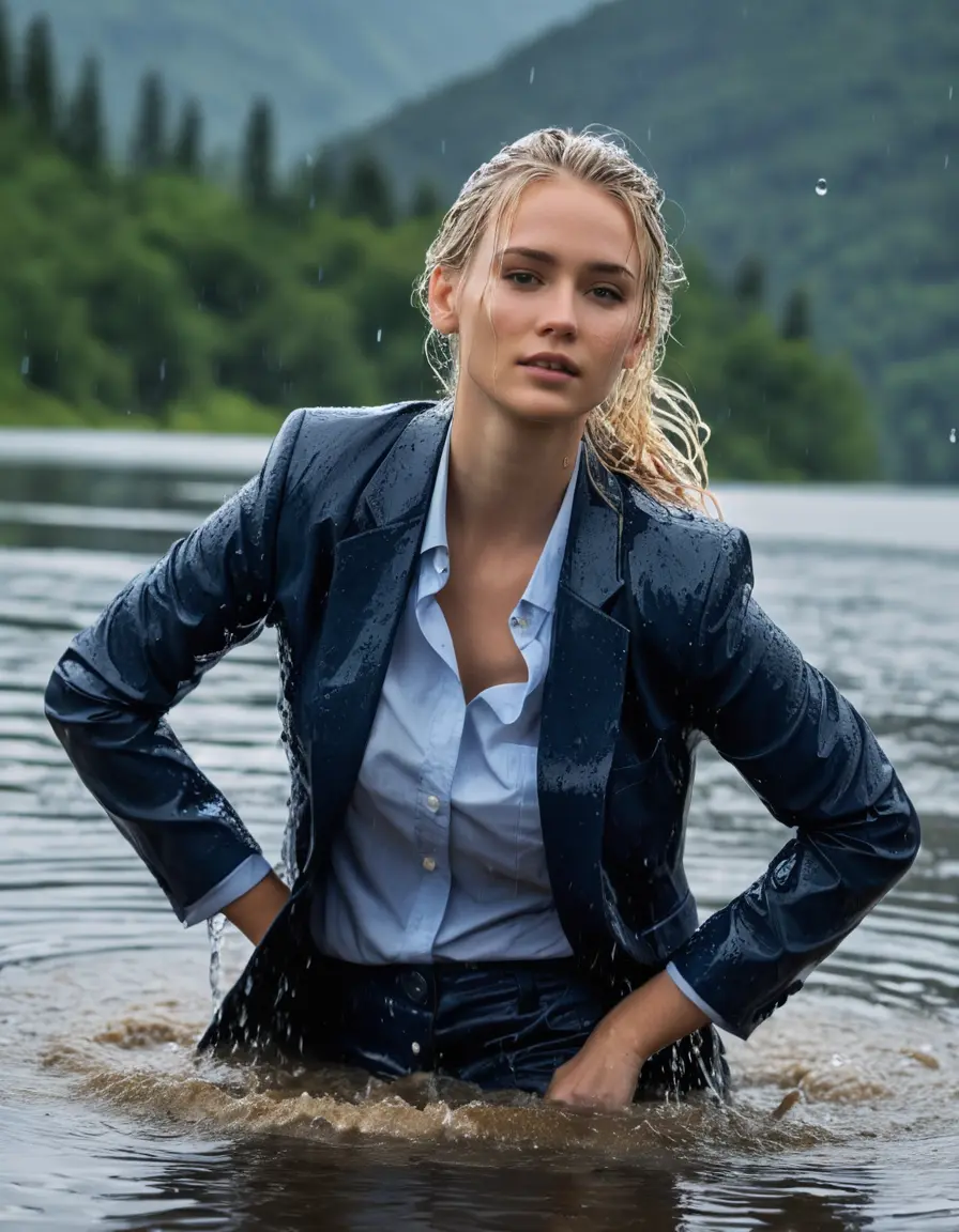 photo of young woman, in soaking wet, drenched clothes,
Dark Blue Business Trouser, Dark Blue Business Suit Jacket with Light Blue button down shirt, Clear Mountain lake with heavy rain, 
enjoying, wet clothes stuck to body,
detailed textures of the wet clothes, wet face, wet plastered hair,
wet, drenched, professional, high-quality details, full body view.
sharp focus, ultra-high pixel detail, realistic, high-quality, full colors, incredibly detailed, 4k, 8k, 16k, hyper-realistic, RAW photo, masterpiece, ultra-detailed, professionally color graded, professional photograph, young elegant white blonde haired beautiful women, breast deep submerged, under a big rainshower, fully clothed, completely soaked, fully drenched, completely wet, wetlook, heavy rain, side parting, open hair, long hair, rain storm, looks confidently into camera