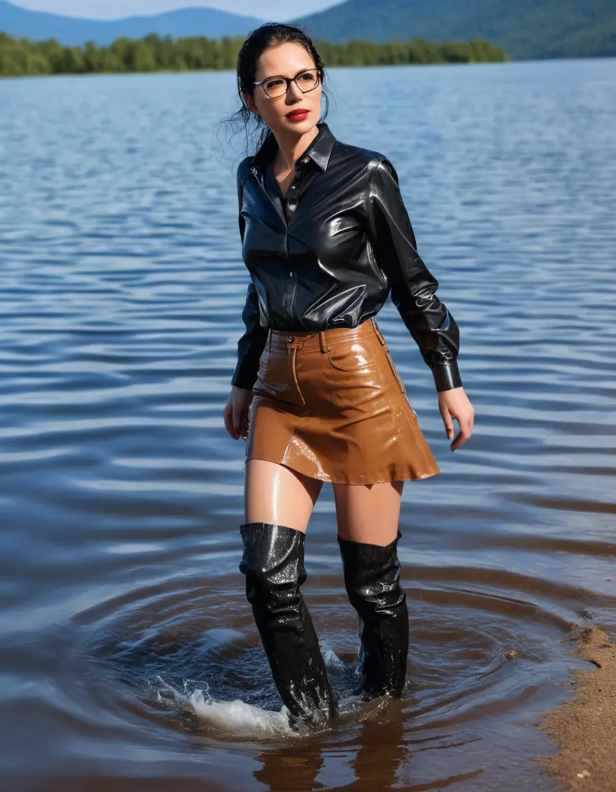 photo of young woman, in soaking wet, drenched clothes,
Sport shoes , long light brown leather jeans skirt, black leather jeans shirt with long sleeves , walking in Sunny Deep lake, 
enjoying, wet clothes stuck to body,
detailed textures of the wet clothes, wet face, wet plastered hair,
wet, drenched, professional, high-quality details, full body view.
sharp focus, ultra-high pixel detail, realistic, high-quality, full colors, incredibly detailed, 4k, 8k, 16k, hyper-realistic, RAW photo, masterpiece, ultra-detailed, professionally color graded, professional photograph, woman 51 years old, medium black hair, very big and thick lips, office light glasses, complete body