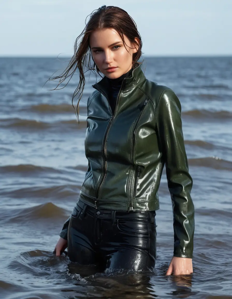 photo of young woman, in soaking wet, drenched clothes,
tight leather boots, skin tight black leather jeans, slim fit green biker leatherjacket, tight light black latex turtleneck sweater,, standing in sea water, covered up to waist with water, 
enjoying, wet clothes stuck to body,
detailed textures of the wet clothes, wet face, wet plastered hair,
wet, drenched, professional, high-quality details, full body view.
sharp focus, ultra-high pixel detail, realistic, high-quality, full colors, incredibly detailed, 4k, 8k, 16k, hyper-realistic, RAW photo, masterpiece, ultra-detailed, professionally color graded, professional photograph, white woman, long dripping wet brown hair