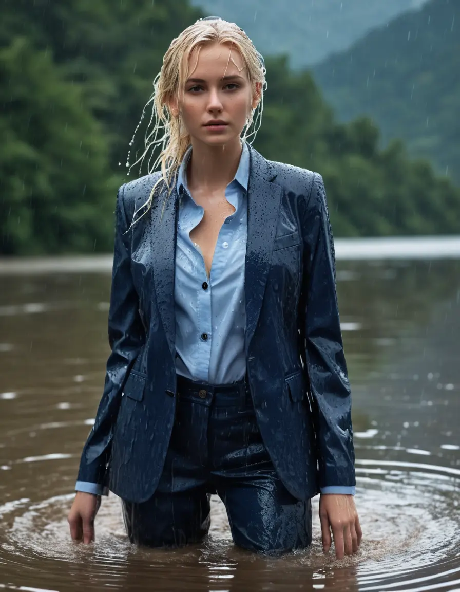 photo of young woman, in soaking wet, drenched clothes,
Dark Blue Business Trouser, Dark Blue Business Suit Jacket with Light Blue button down shirt, Clear Mountain lake with heavy rain, 
enjoying, wet clothes stuck to body,
detailed textures of the wet clothes, wet face, wet plastered hair,
wet, drenched, professional, high-quality details, full body view.
sharp focus, ultra-high pixel detail, realistic, high-quality, full colors, incredibly detailed, 4k, 8k, 16k, hyper-realistic, RAW photo, masterpiece, ultra-detailed, professionally color graded, professional photograph, young elegant white blonde haired beautiful women, breast deep submerged, under a big rainshower, fully clothed, completely soaked, fully drenched, completely wet, wetlook, heavy rain, side parting, open hair, long hair, rain storm, looks confidently into camera