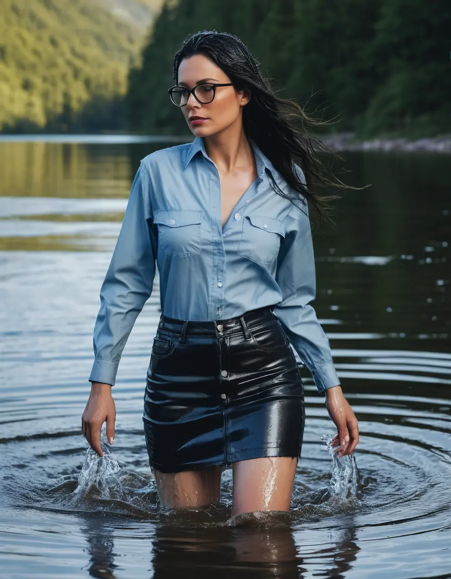 photo of young woman, in soaking wet, drenched clothes,
Sport shoes , long black leather jeans skirt, Light blue jeans shirt with long sleeves , walking in Sunny Deep lake, 
enjoying, wet clothes stuck to body,
detailed textures of the wet clothes, wet face, wet plastered hair,
wet, drenched, professional, high-quality details, full body view.
sharp focus, ultra-high pixel detail, realistic, high-quality, full colors, incredibly detailed, 4k, 8k, 16k, hyper-realistic, RAW photo, masterpiece, ultra-detailed, professionally color graded, professional photograph, woman 51 years old, medium black hair, very big and thick lips, office light glasses, complete body