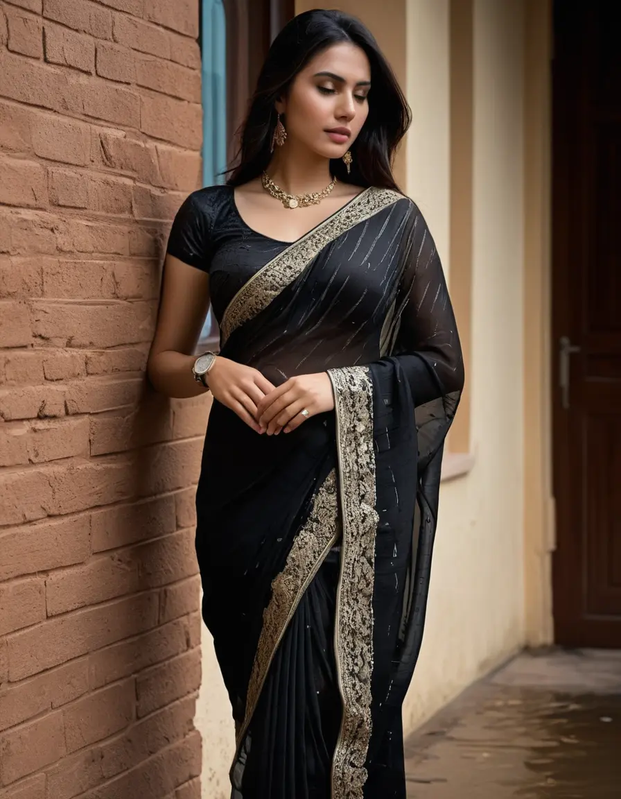 photo of young woman, in soaking wet, drenched clothes,
Stilletto heels, Silk pants, Embroidery,  long black Saree skin tight , Outdoor house ,grope another female , 
enjoying, wet clothes stuck to body,
detailed textures of the wet clothes, wet face, wet plastered hair,
wet, drenched, professional, high-quality details, full body view.
sharp focus, ultra-high pixel detail, realistic, high-quality, full colors, incredibly detailed, 4k, 8k, 16k, hyper-realistic, RAW photo, masterpiece, ultra-detailed, professionally color graded, professional photograph, Straight open  wavy hairstyle , , pear shaped body,  wrist watch, thin necklace t ,  , no make up, 4.6feet tall model , 36b bra size, 