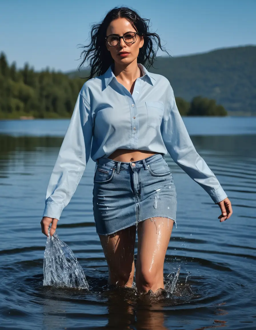 photo of young woman, in soaking wet, drenched clothes,
Sport shoes , long light blue jeans skirt, Light blue jeans shirt with long sleeves , walking in Sunny Deep lake, 
enjoying, wet clothes stuck to body,
detailed textures of the wet clothes, wet face, wet plastered hair,
wet, drenched, professional, high-quality details, full body view.
sharp focus, ultra-high pixel detail, realistic, high-quality, full colors, incredibly detailed, 4k, 8k, 16k, hyper-realistic, RAW photo, masterpiece, ultra-detailed, professionally color graded, professional photograph, woman 51 years old, medium black hair, very big and thick lips, office light glasses, complete body