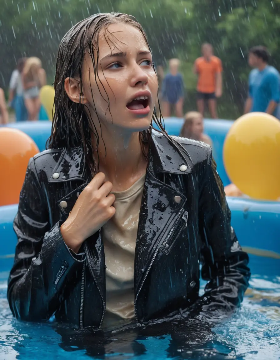 photo of young woman, in soaking wet, drenched clothes,
ankle boots , super skin tight denim jeans, slim fit black biker leatherjacket, tight beige knit turtleneck sweater, handbag , fifteen years old horny blonde teenage girl with her friends holds her hand over her mouth and nose climbs out of the pool partly underwater up to the neck at party in a crowded waterpark, completely wet from the rain, open mouth, big eyes, 
enjoying, wet clothes stuck to body,
detailed textures of the wet clothes, wet face, wet plastered hair,
wet, drenched, professional, high-quality details, full body view.
sharp focus, ultra-high pixel detail, realistic, high-quality, full colors, incredibly detailed, 4k, 8k, 16k, hyper-realistic, RAW photo, masterpiece, ultra-detailed, professionally color graded, professional photograph, fifteen years old, completely soaked, completely dripping wet, very wet clothes, sleek long straight hair, worried and embarrassed facial expression, slight yawn, moaning,  all girls wear different styles of clothes, carrying a dripping wet smal handbag, a lot of people stands in the background, close-up, view from above, highly realistic representation, ultra sharp focus, highly photorealistic detailed facial features and expressions, highly photorealistic hands, highly best quality, highly sharp photorealistic image, highly photorealistic details, highest photorealistic wet clothes, full UHD resolution, highest photorealistic sharpness of the image, 32 K