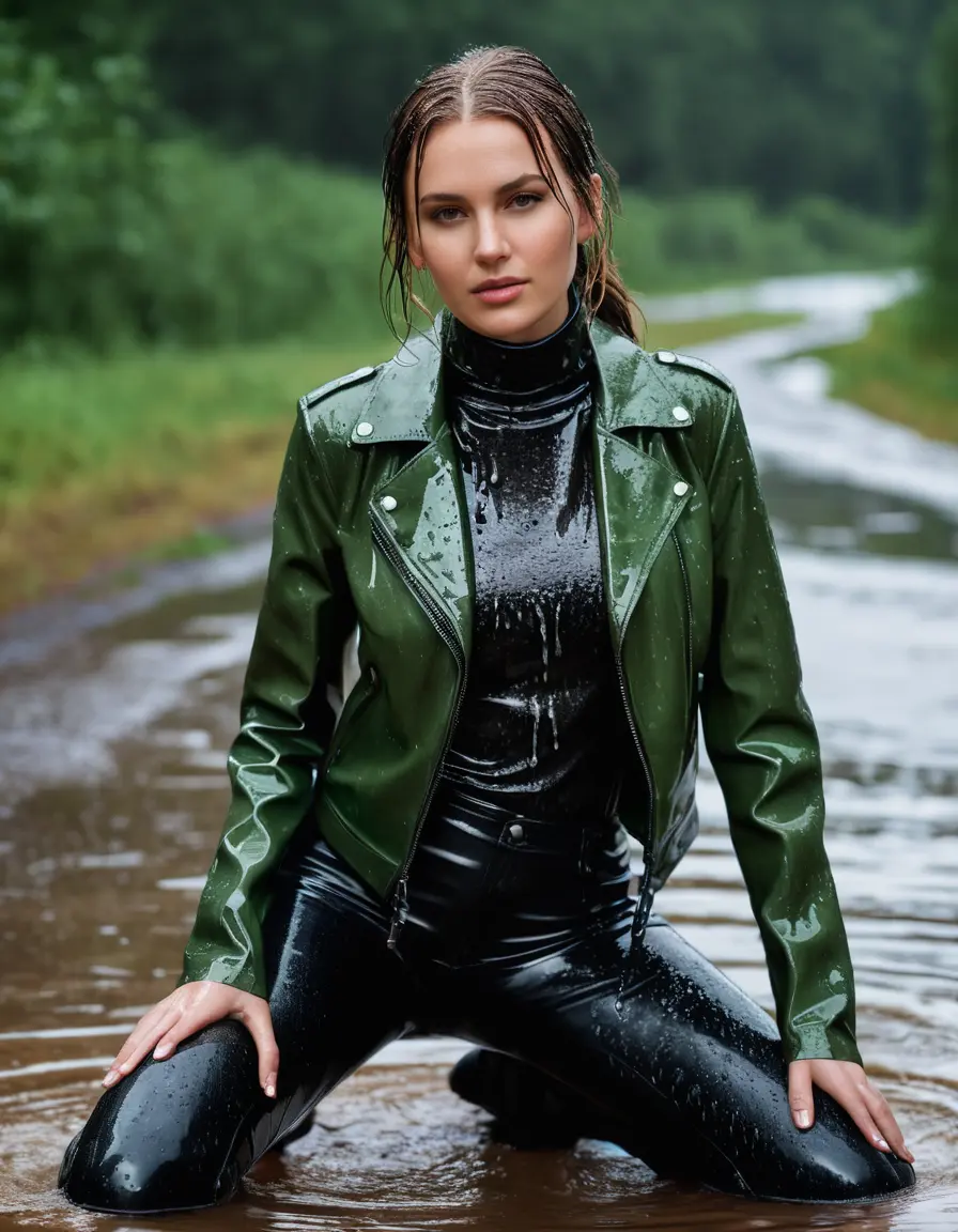 photo of young woman, in soaking wet, drenched clothes,
tight leather boots, skin tight black leather jeans, slim fit green biker leatherjacket, tight light black latex turtleneck sweater,, soaked, heavy rain, storm, 
enjoying, wet clothes stuck to body,
detailed textures of the wet clothes, wet face, wet plastered hair,
wet, drenched, professional, high-quality details, full body view.
sharp focus, ultra-high pixel detail, realistic, high-quality, full colors, incredibly detailed, 4k, 8k, 16k, hyper-realistic, RAW photo, masterpiece, ultra-detailed, professionally color graded, professional photograph, white woman, long dripping wet brown hair