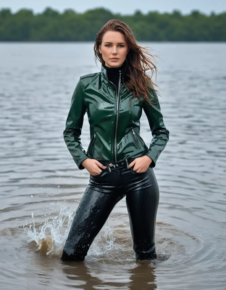 photo of young woman, in soaking wet, drenched clothes,
tight leather boots, skin tight black leather jeans, slim fit green biker leatherjacket, tight light black latex turtleneck sweater,, standing in sea water, covered up to waist with water, 
enjoying, wet clothes stuck to body,
detailed textures of the wet clothes, wet face, wet plastered hair,
wet, drenched, professional, high-quality details, full body view.
sharp focus, ultra-high pixel detail, realistic, high-quality, full colors, incredibly detailed, 4k, 8k, 16k, hyper-realistic, RAW photo, masterpiece, ultra-detailed, professionally color graded, professional photograph, white woman, long dripping wet brown hair